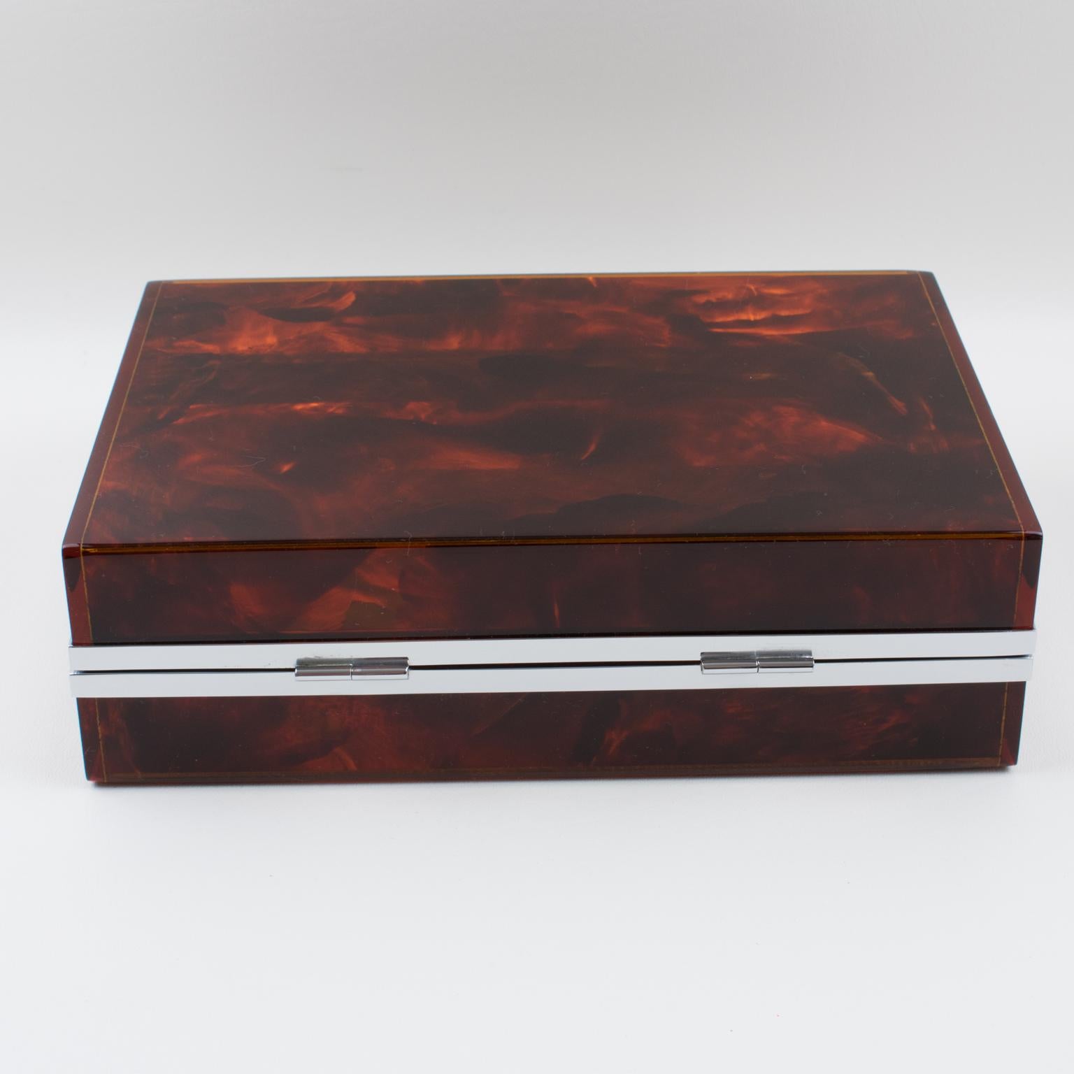 Italian Chrome and Tortoiseshell Lucite Box, Italy 1980s For Sale