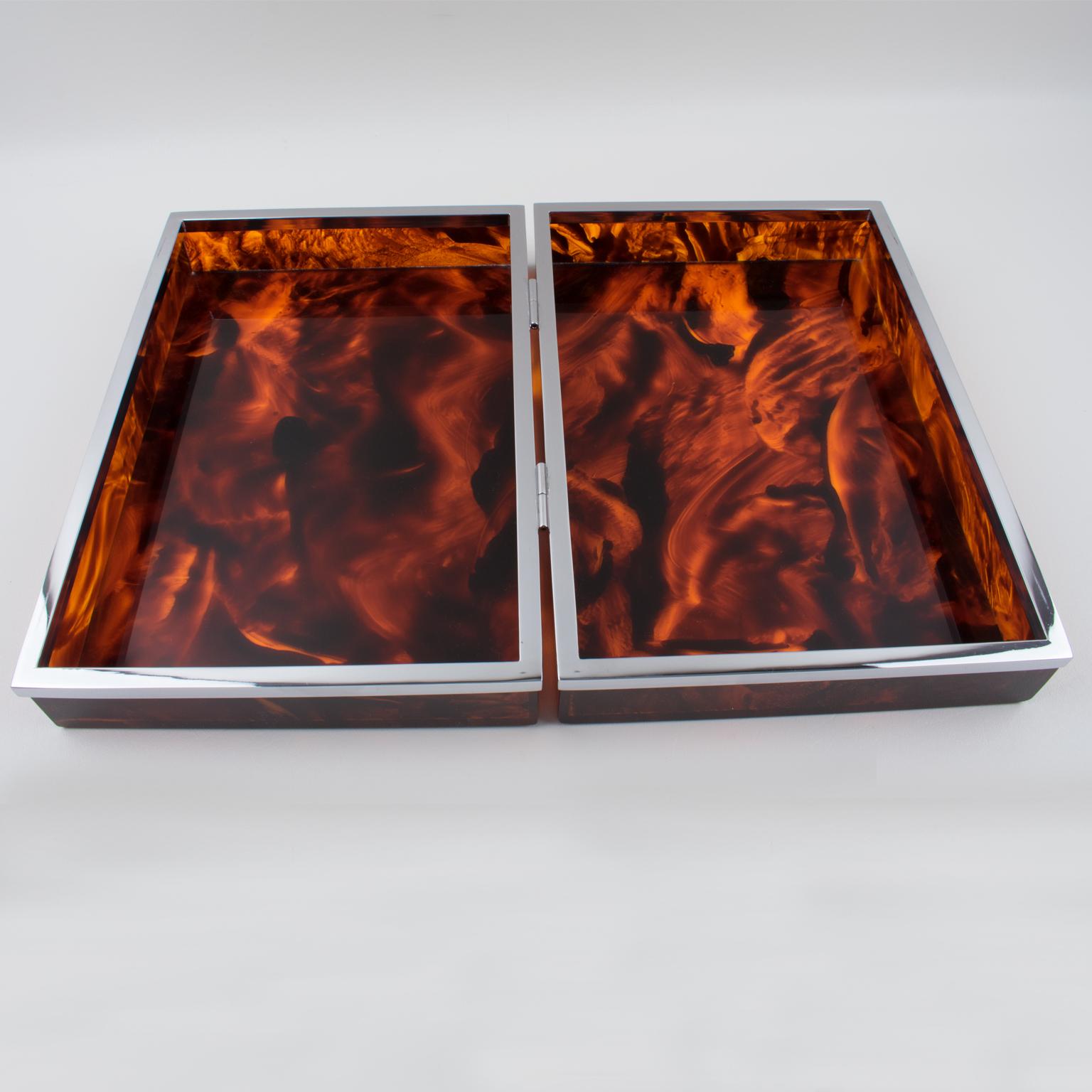 Late 20th Century Chrome and Tortoiseshell Lucite Box, Italy 1980s For Sale