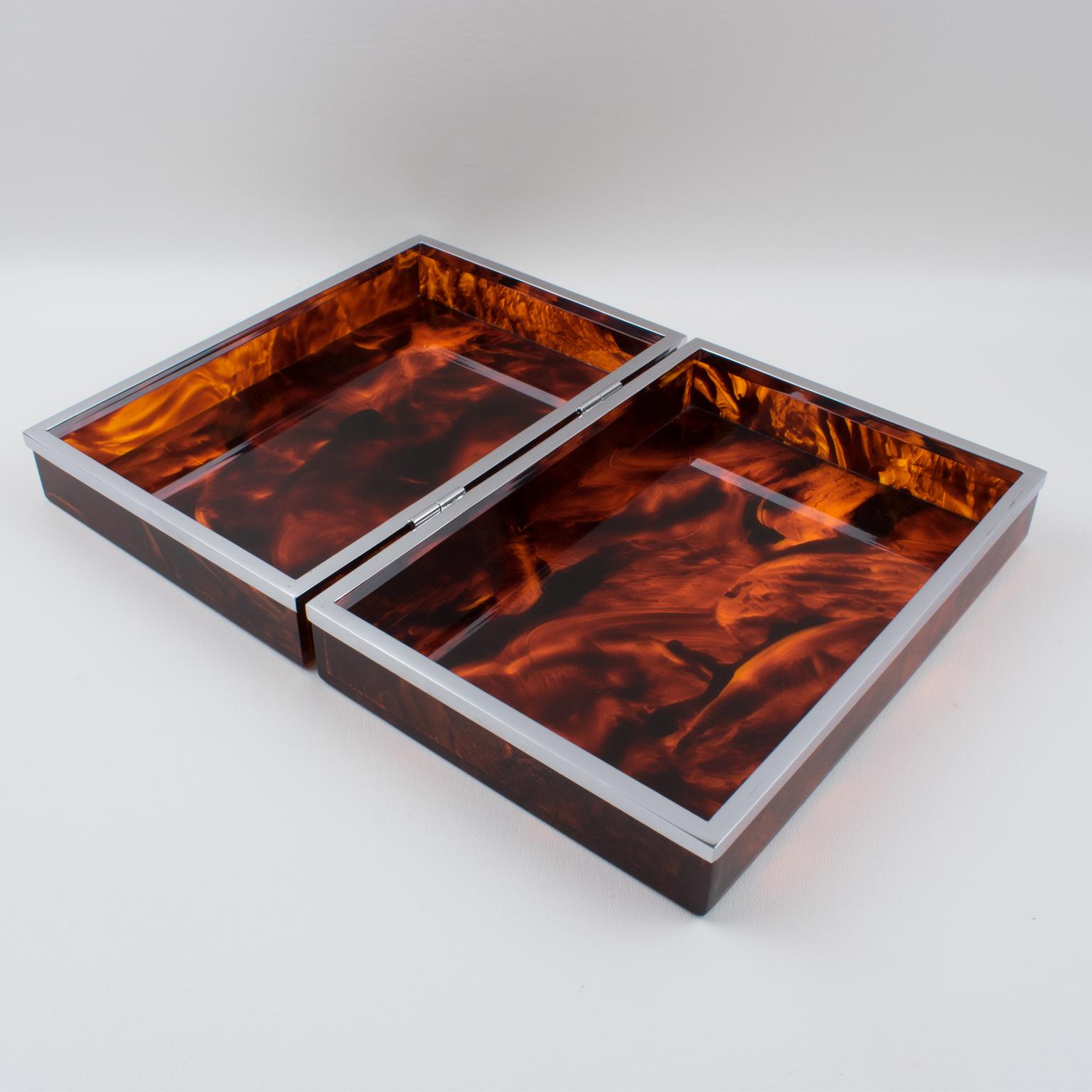 Metal Chrome and Tortoiseshell Lucite Box, Italy 1980s For Sale