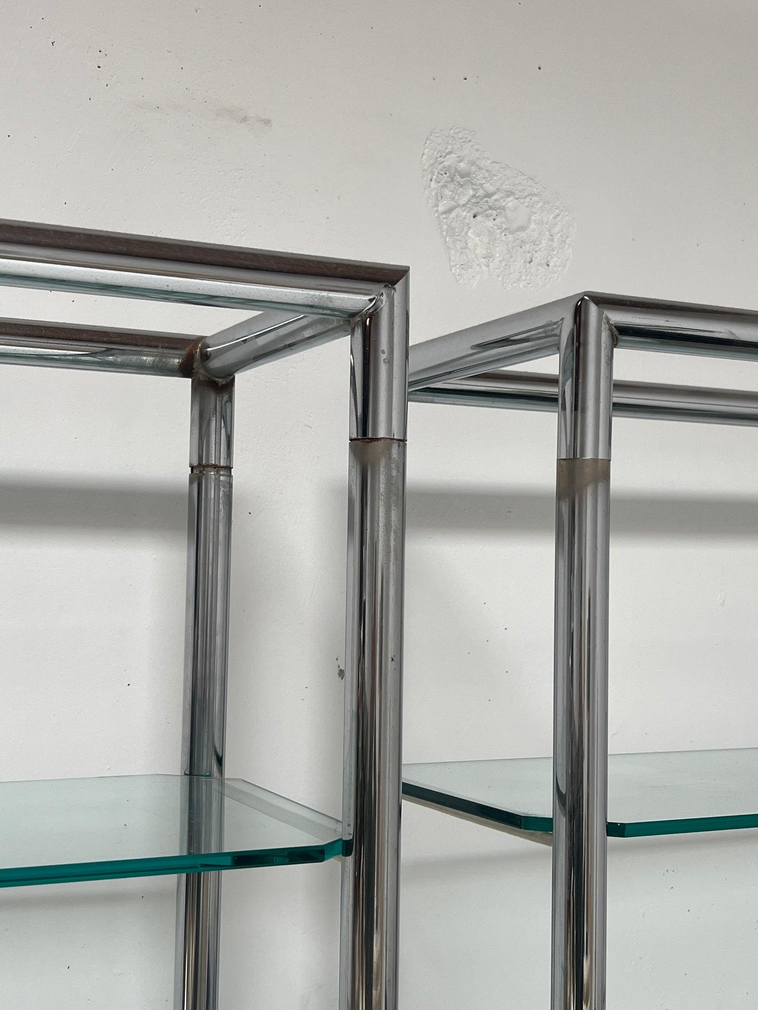 Priced per unit. 

Both pieces show signs of wear throughout and have light scratches on the glass shelves(easily covered with books and decor). There are also signs of rusting on the corners (shown in photos). Please note that the bottom glass
