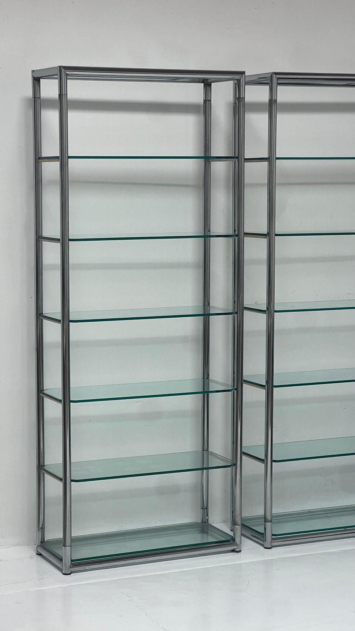 1980s Chrome Etagere Shelving Unit with Glass Shelves  In Fair Condition For Sale In South San Francisco, CA