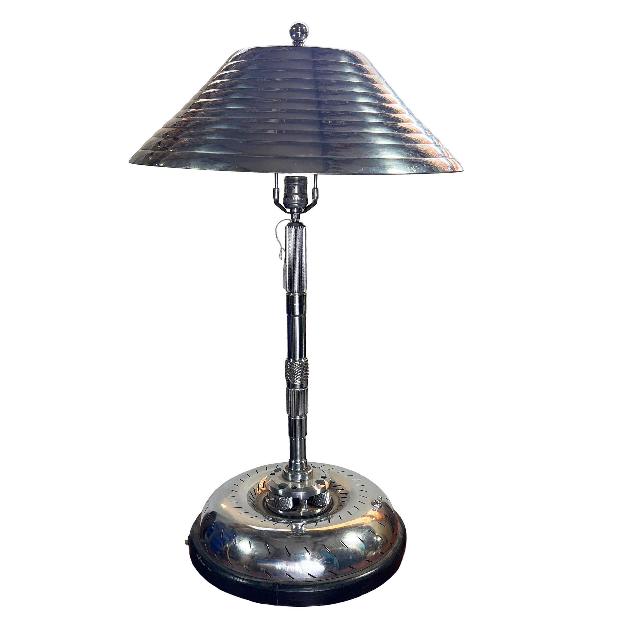 1980s Chrome Machine Age Art Deco Style Table Lamp w/ Torque Converter Base