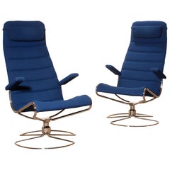 1980s, Chrome Set of Two Royal Blue 'Minister' Swivel Chairs by Bruno Mathsson