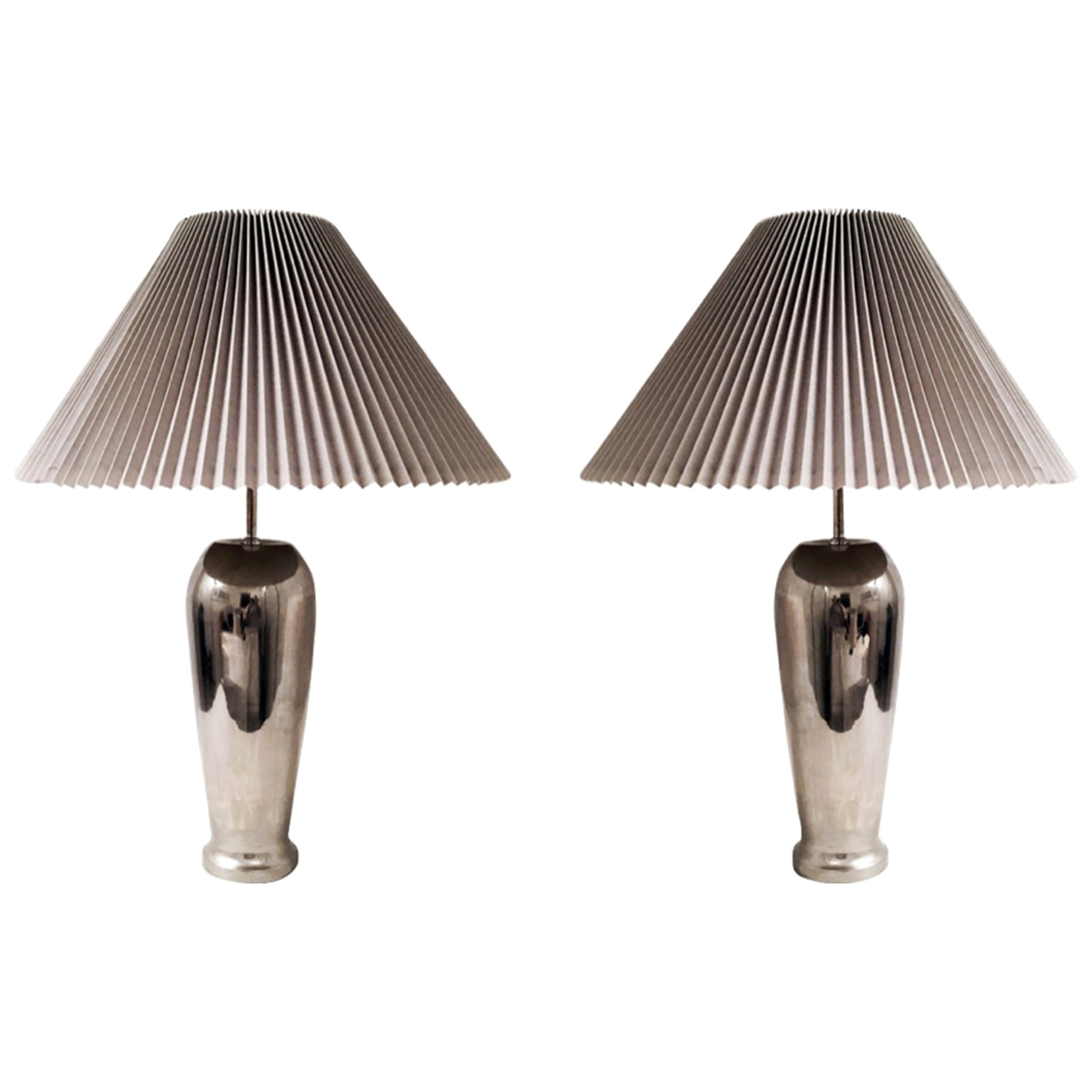 1980s Chrome Table Lamps with Knife Pleat Hardback Shades For Sale