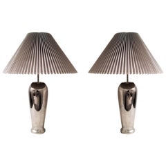 1980s Chrome Table Lamps with Knife Pleat Hardback Shades