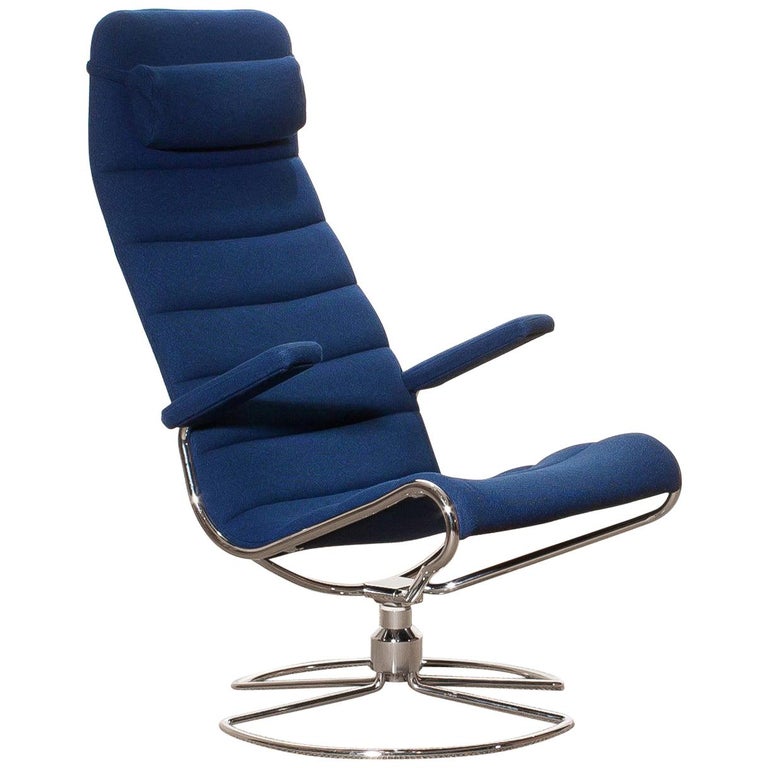 1980s, Chrome with Royal Blue Fabric 'Minister' Swivel Chair by Bruno