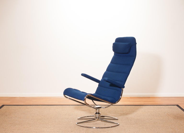 1980s, Chrome with Royal Blue Fabric 'Minister' Swivel Chair by Bruno