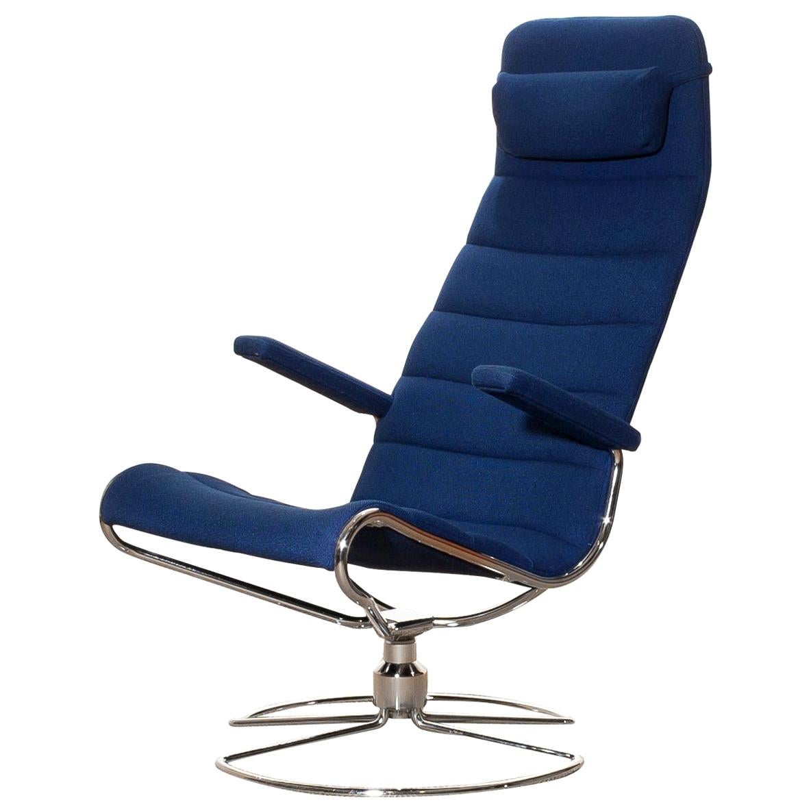 Swedish 1980s, Chrome with Royal Blue Fabric 'Minister' Swivel Chair by Bruno Mathsson