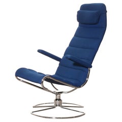 1980s, Chrome with Royal Blue Fabric 'Minister' Swivel Chair by Bruno Mathsson