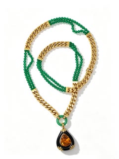1980s Chrysoprase, Citrine, Onyx and Diamond Sautoir Necklace in 18K Yellow Gold