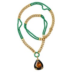 1980s Chrysoprase, Citrine, Onyx and Diamond Sautoir Necklace in 18K Yellow Gold