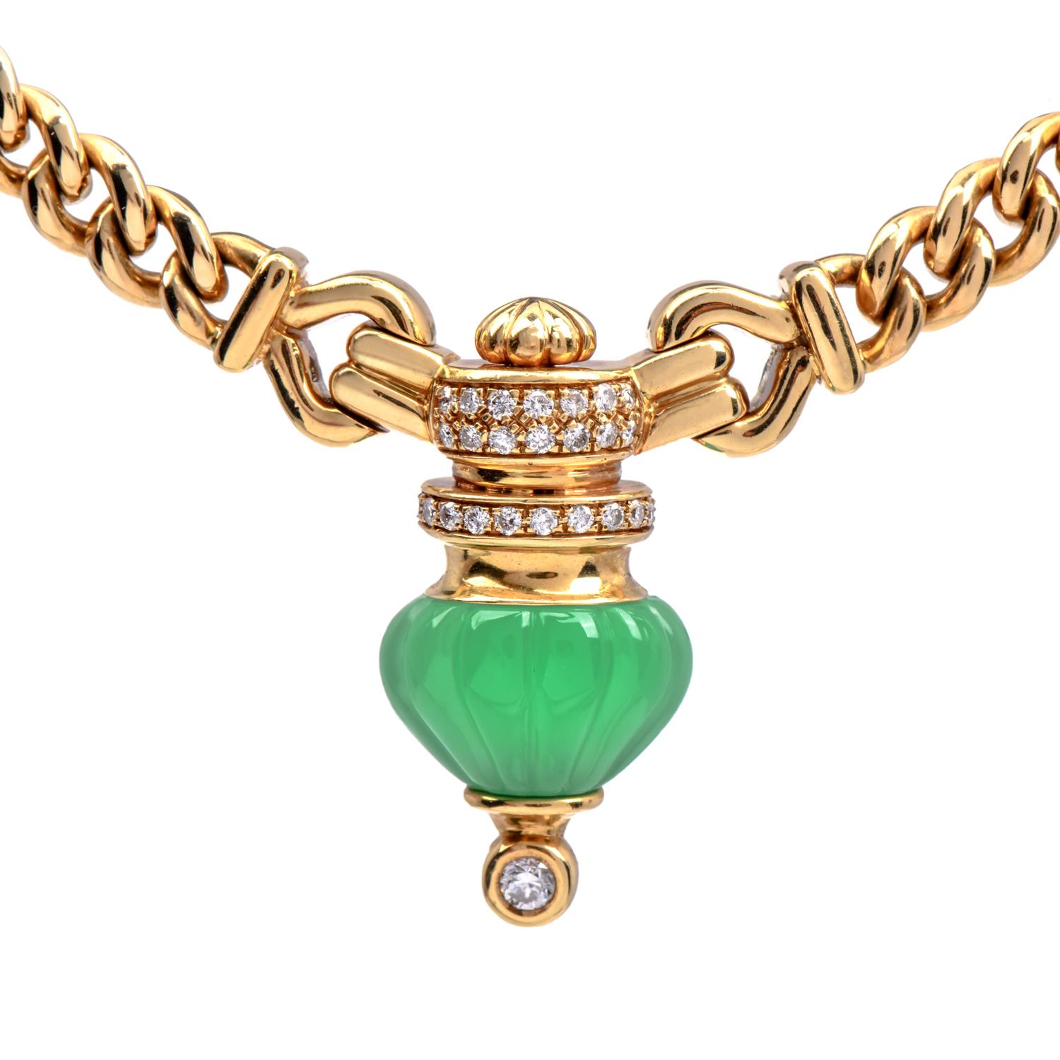 Presenting a gorgeous one of its kind pendant collar necklace crafted in 18K solid Yellow gold features a Chrysoprase pendant scallop pattern carved design meticulously adorned with diamonds. Serving as a striking centerpiece, the pendant is