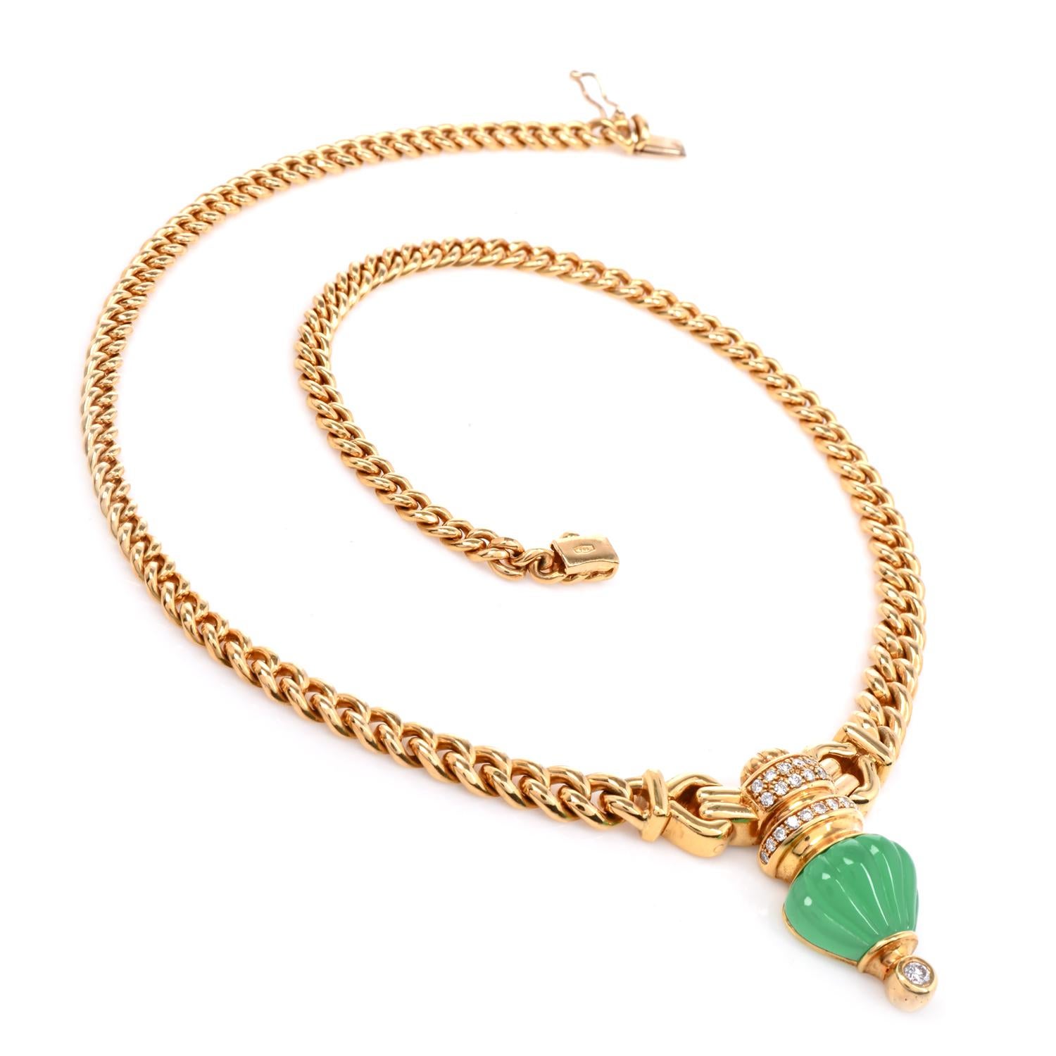 Round Cut 1980s  Chrysoprase Diamond Gold Pendant Curb Link Necklace  For Sale