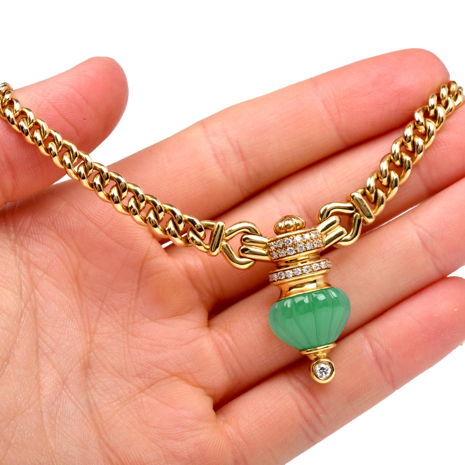 Women's 1980s  Chrysoprase Diamond Gold Pendant Curb Link Necklace  For Sale