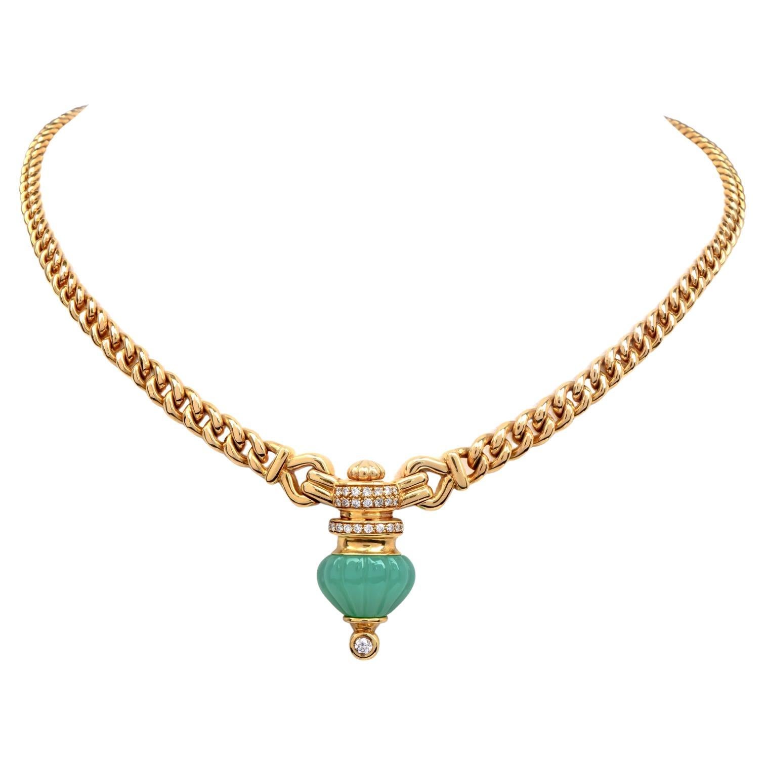 1980s  Chrysoprase Diamond Gold Pendant Curb Link Necklace  For Sale