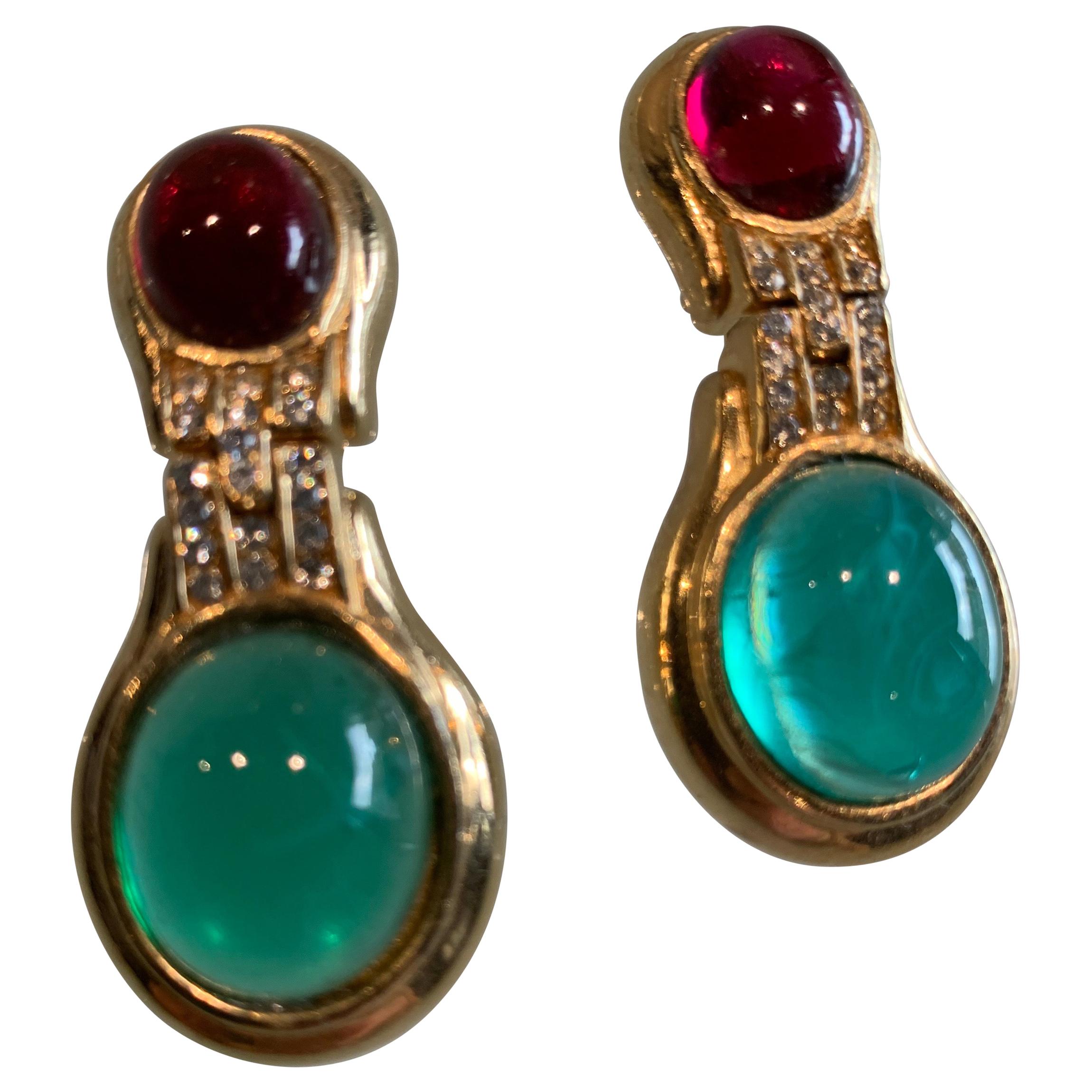 1980s Ciner Art Deco Inspired Jade Green & Ruby Glass Cabochon Clip On Earrings 
