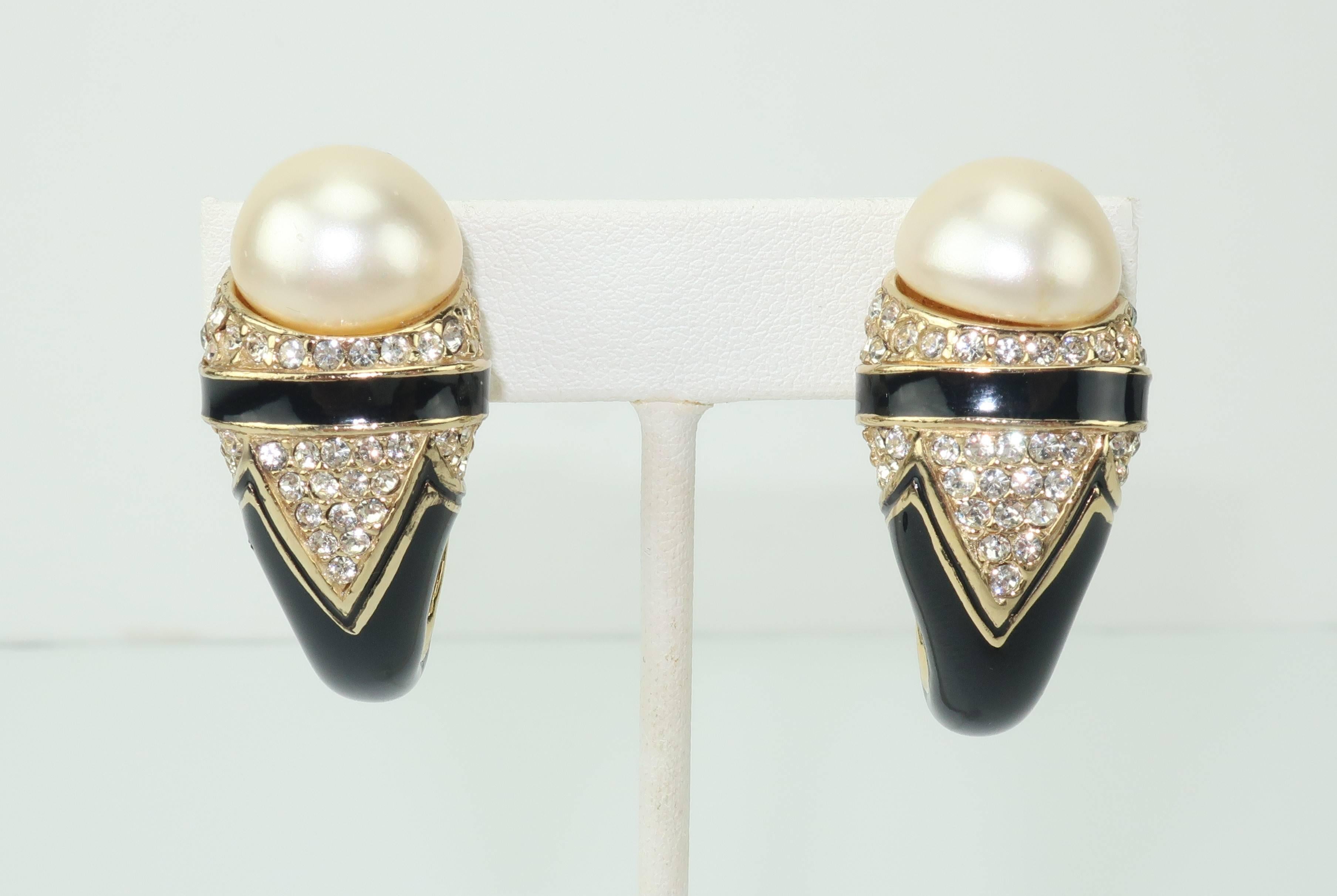 Art Deco 1980's Ciner Black Enameled Earrings With Faux Pearl & Rhinestones