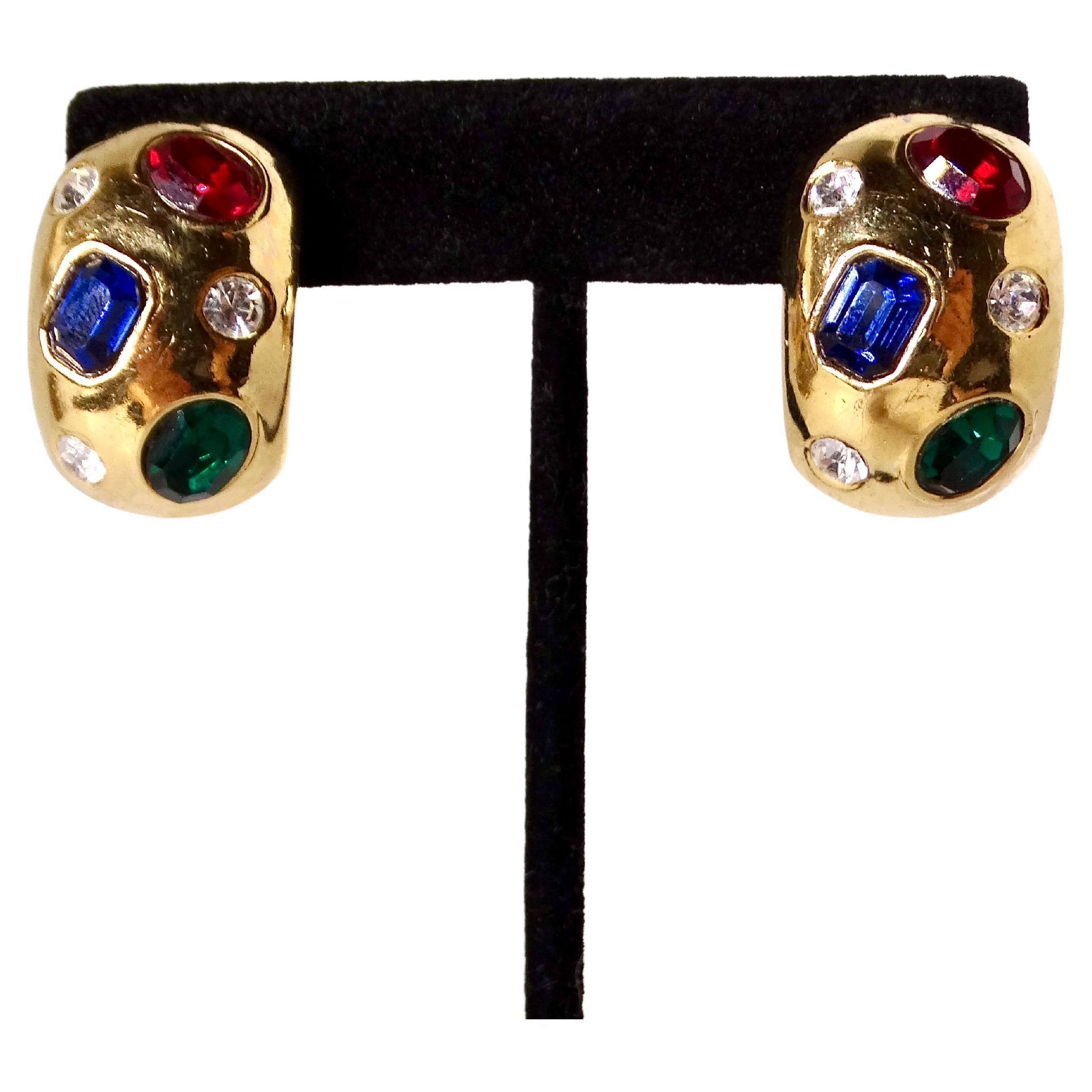 1980s Ciner Chunky Costume Gemstone 14k Gold Plated Clip-On Earrings For Sale 1
