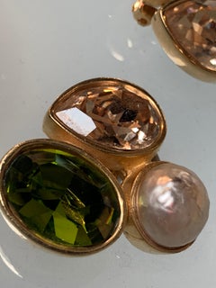 1980s Ciner Cluster Clip-On Earrings W/ Faux Citrine Pearl & Topaz