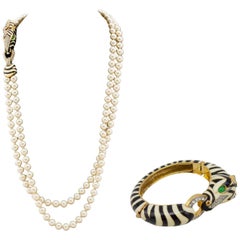 1980's Ciner Double Faux Pearl Necklace & Matching Zebra Enamel Bracelet