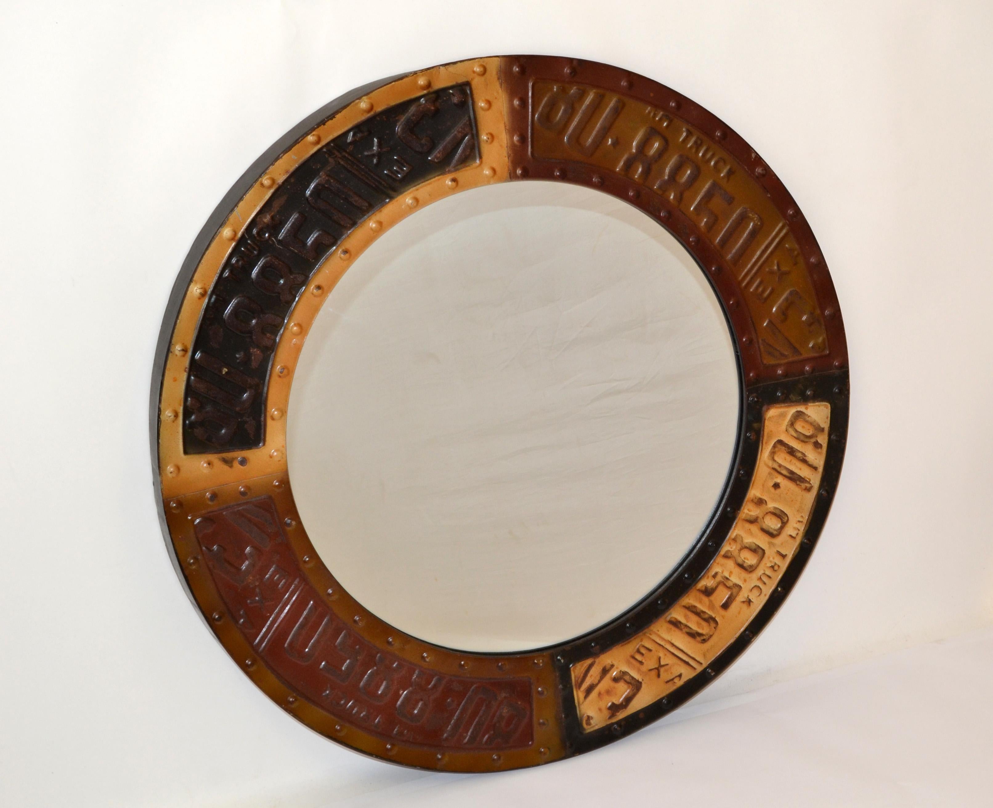 Hand-Painted 1980s Circular Brown Black Metal Accent Mirror Rustic Texas Trucker Road Theme