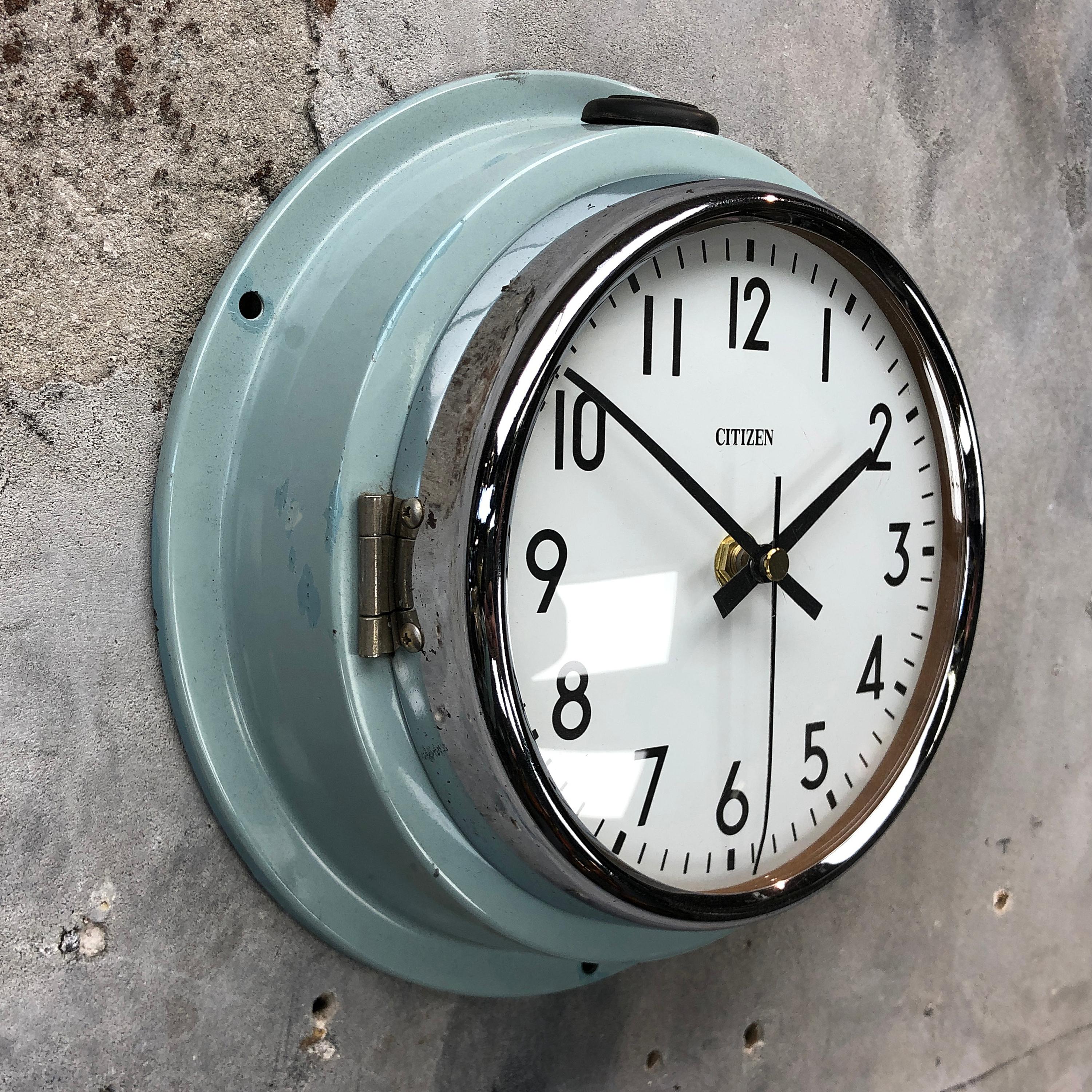 Cast 1980s Citizen Japanese Blue Steel Retro Vintage Industrial Antique Quartz Clock For Sale