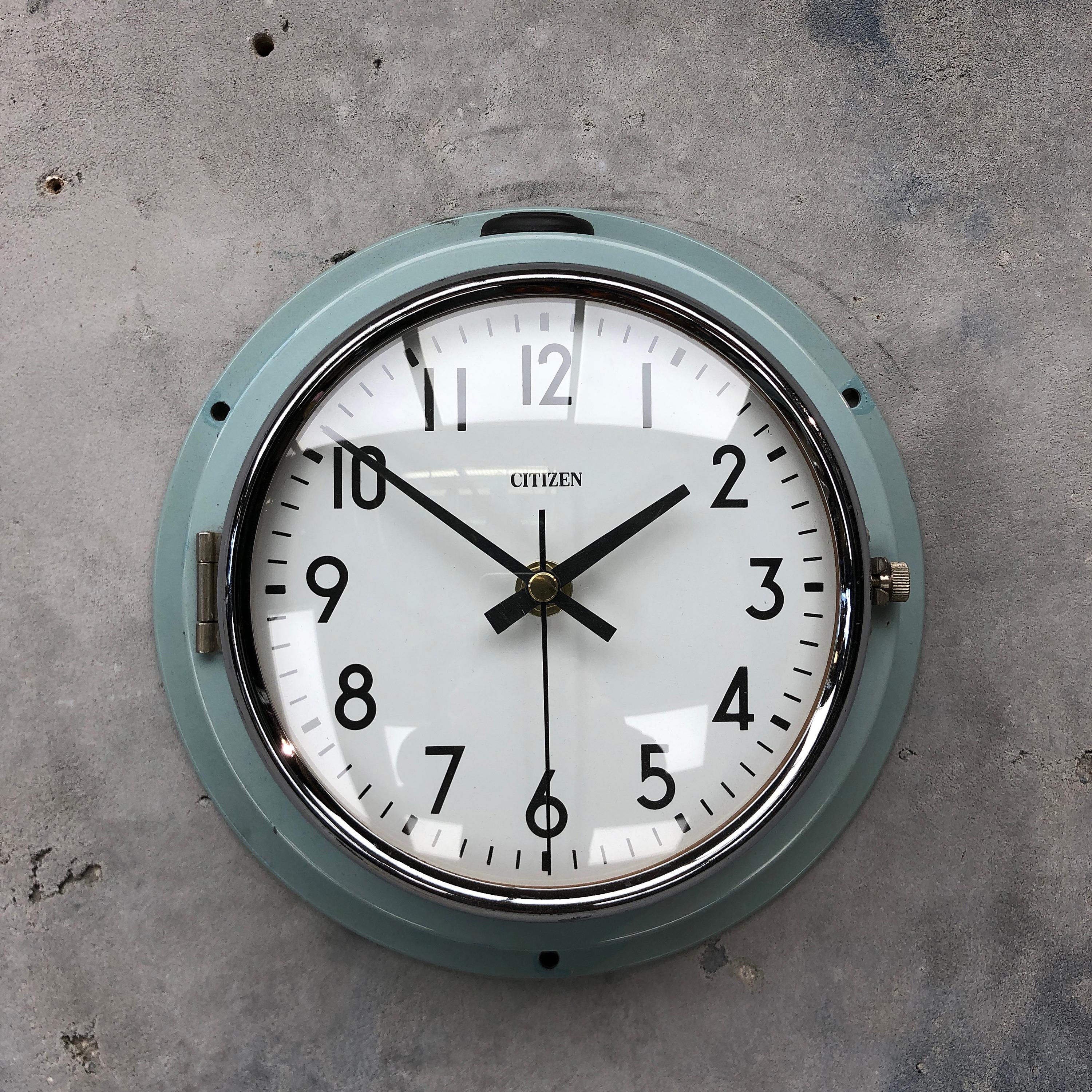 Late 20th Century 1980s Citizen Japanese Blue Steel Retro Vintage Industrial Antique Quartz Clock For Sale