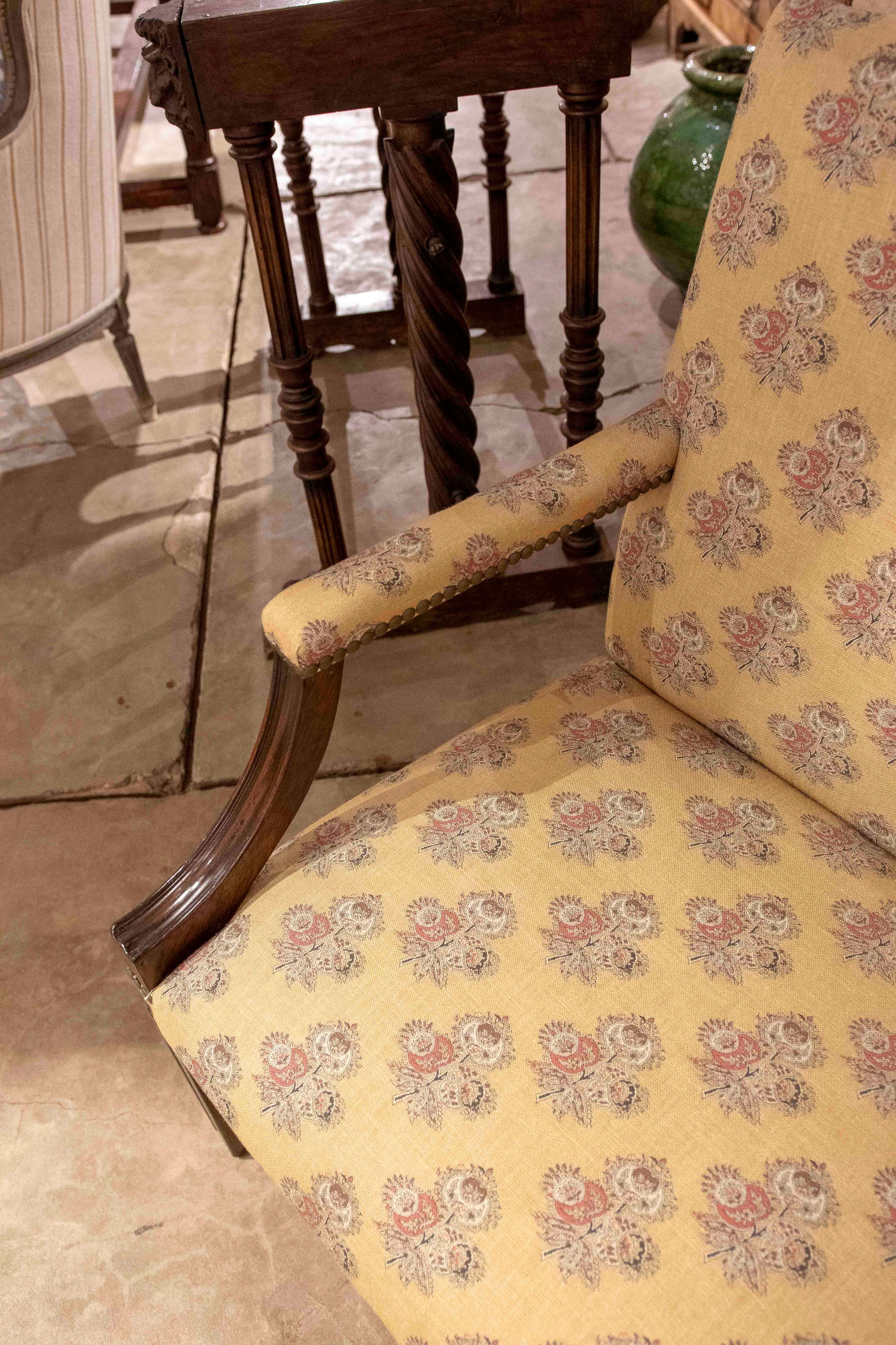 1980s Classic Wooden Armchair with Mustard Floral Upholstery and Studs For Sale 5