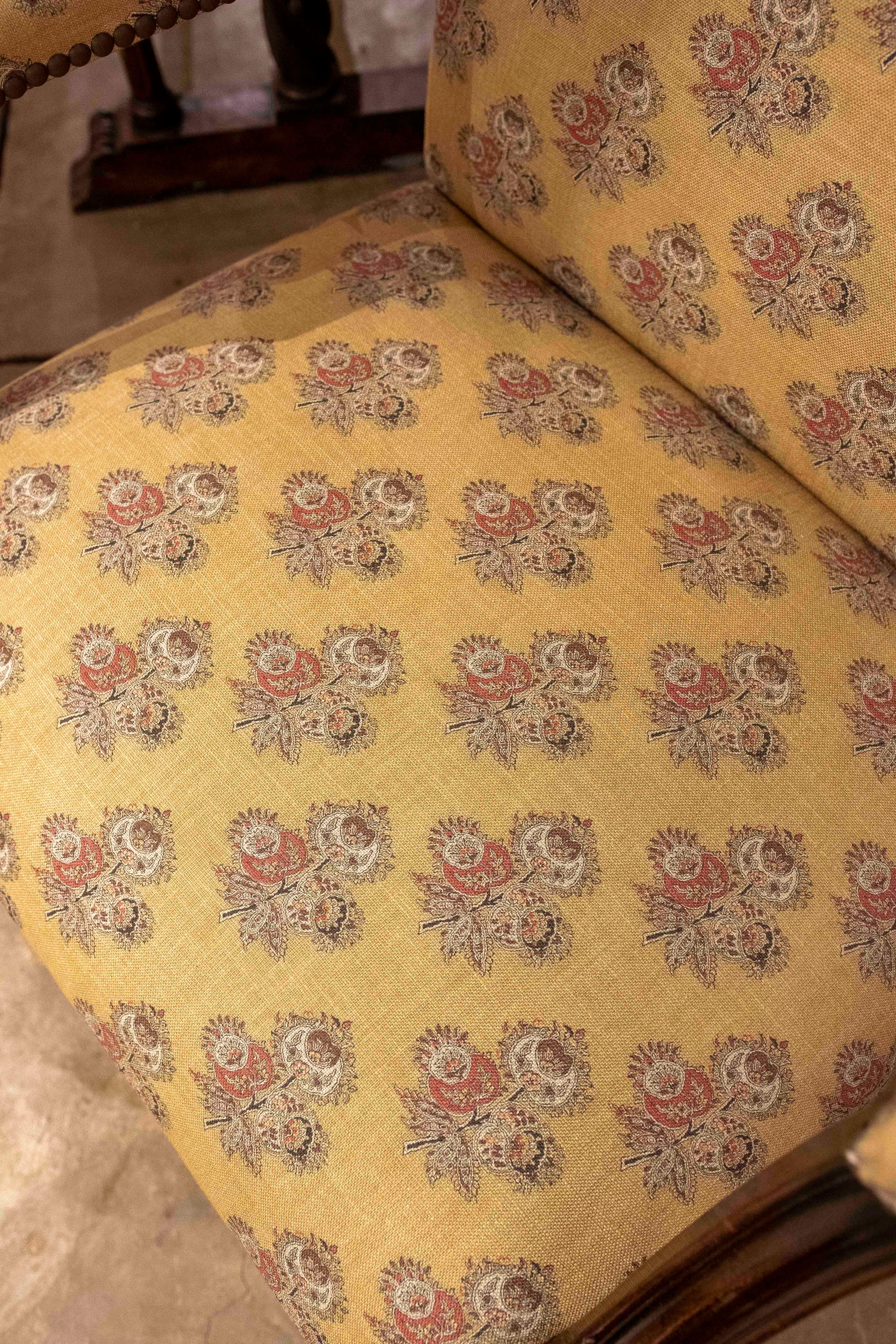 1980s Classic Wooden Armchair with Mustard Floral Upholstery and Studs For Sale 6