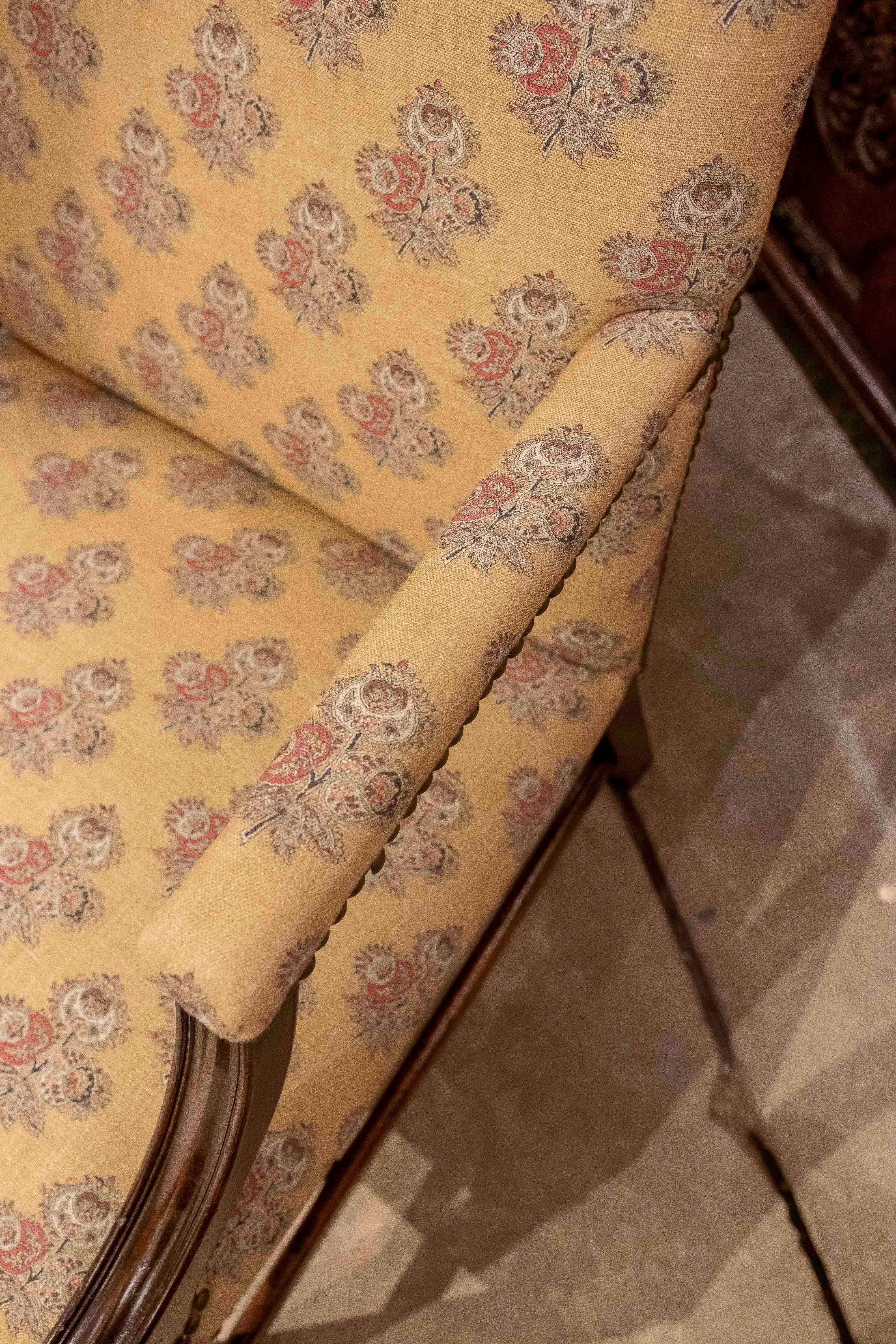 1980s Classic Wooden Armchair with Mustard Floral Upholstery and Studs For Sale 7