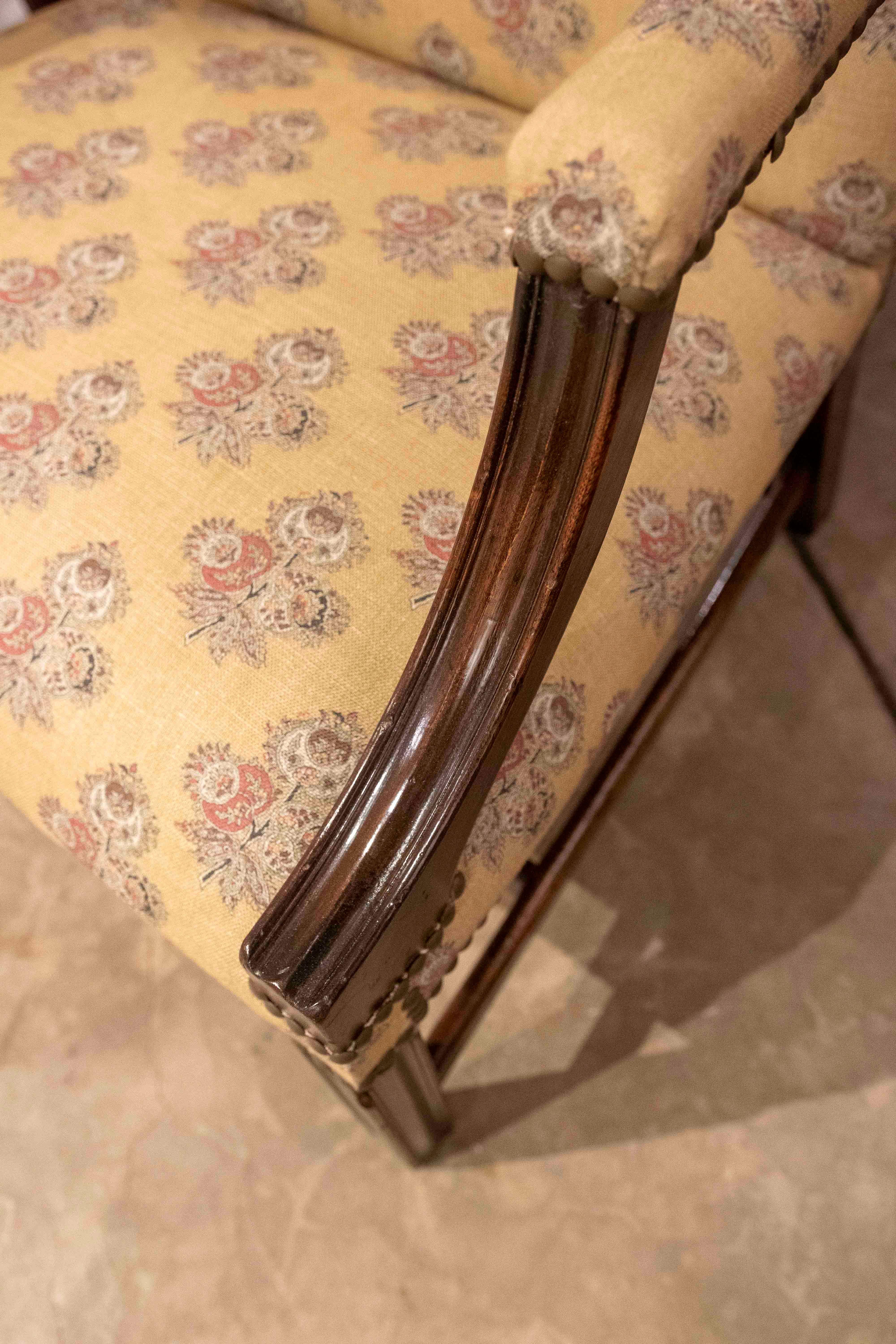 1980s Classic Wooden Armchair with Mustard Floral Upholstery and Studs For Sale 8