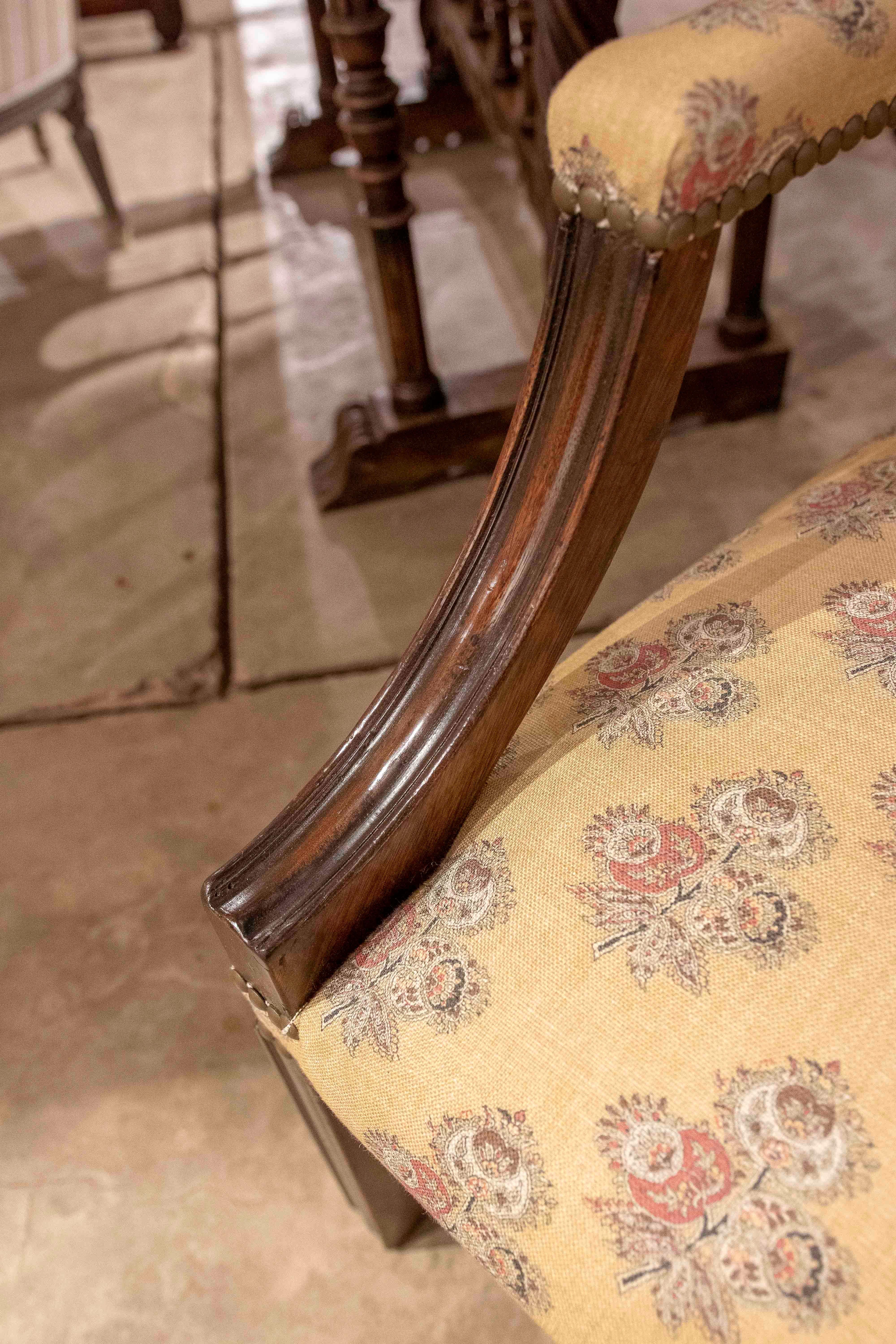 1980s Classic Wooden Armchair with Mustard Floral Upholstery and Studs For Sale 9