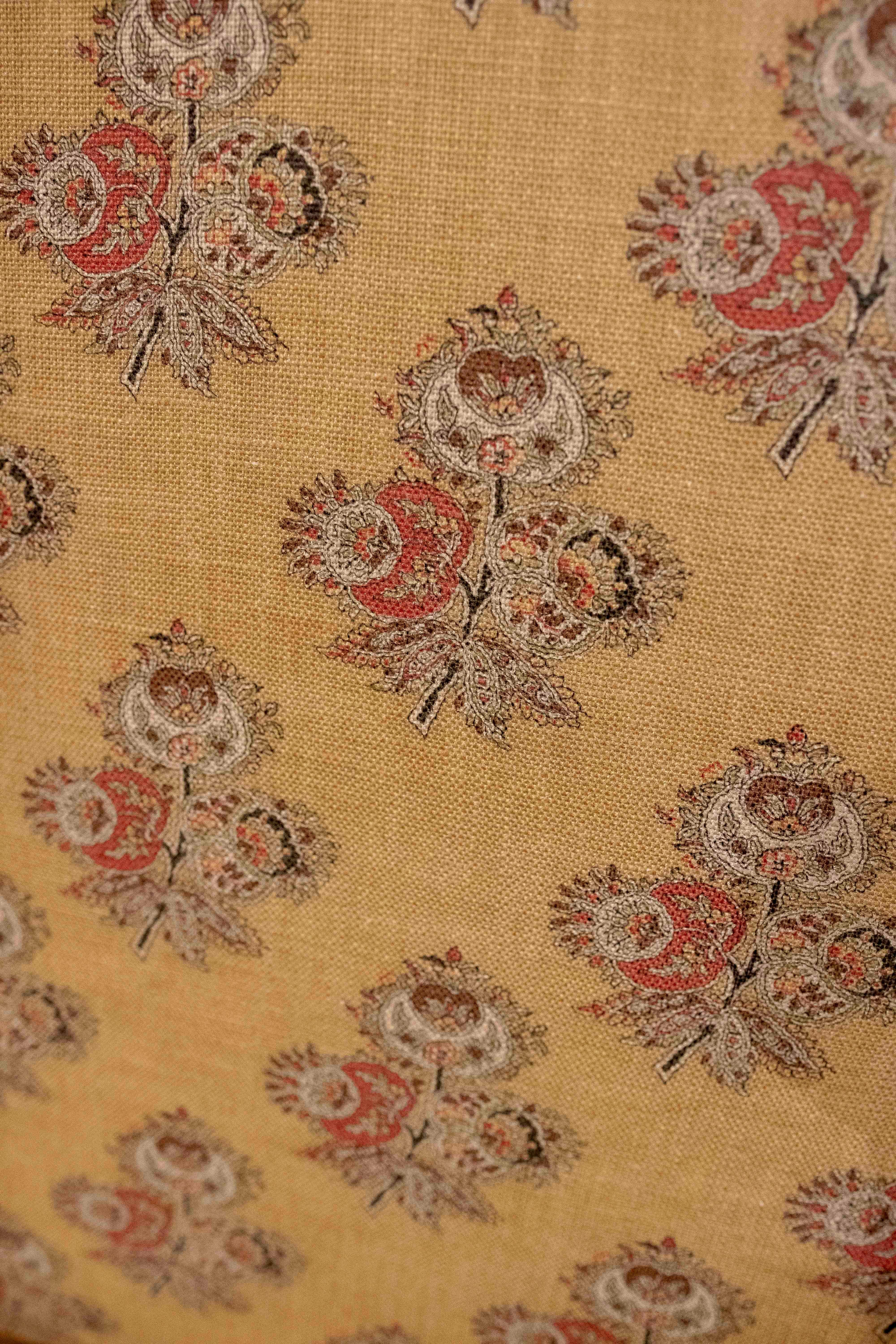 1980s Classic Wooden Armchair with Mustard Floral Upholstery and Studs For Sale 11