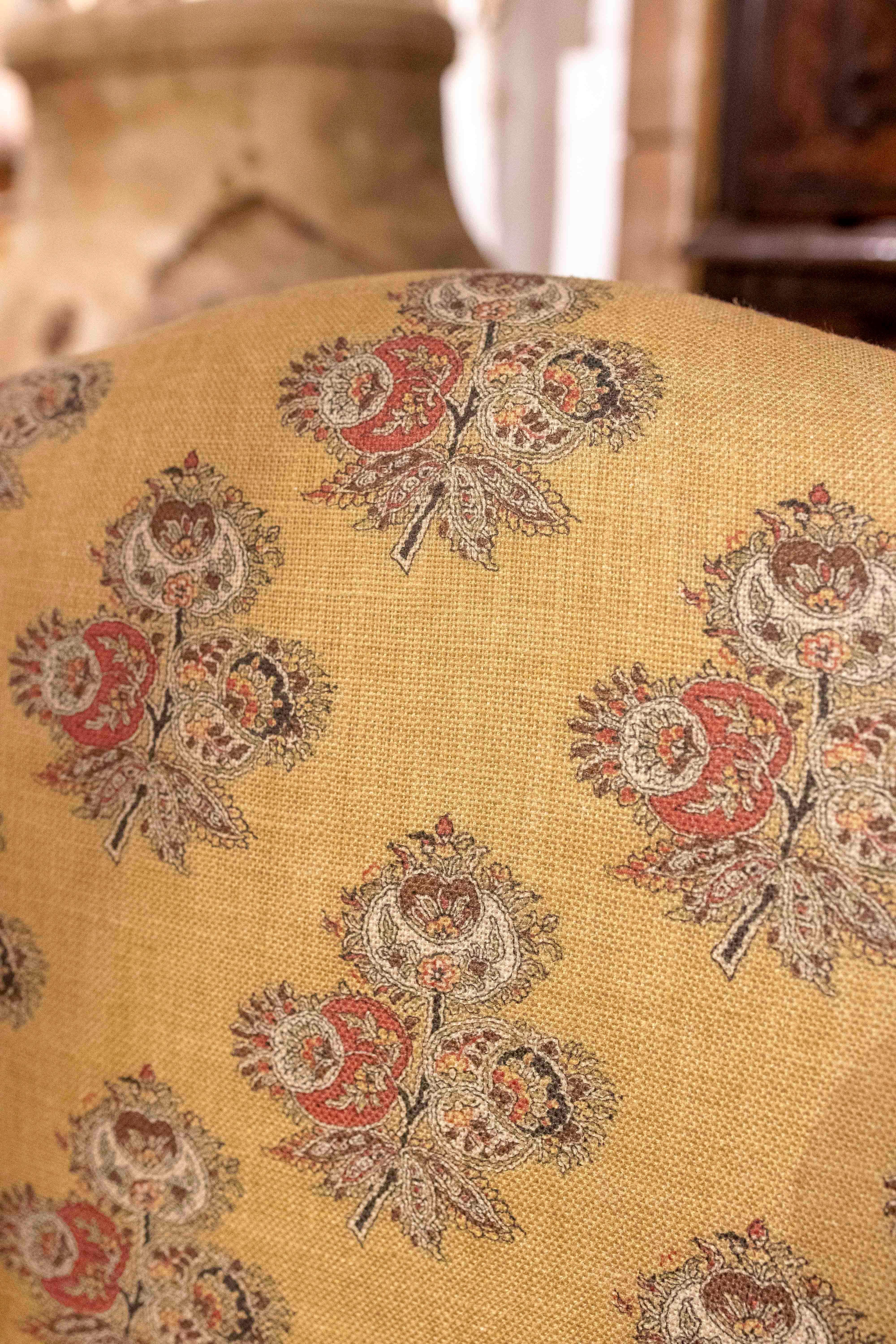 1980s Classic Wooden Armchair with Mustard Floral Upholstery and Studs For Sale 12