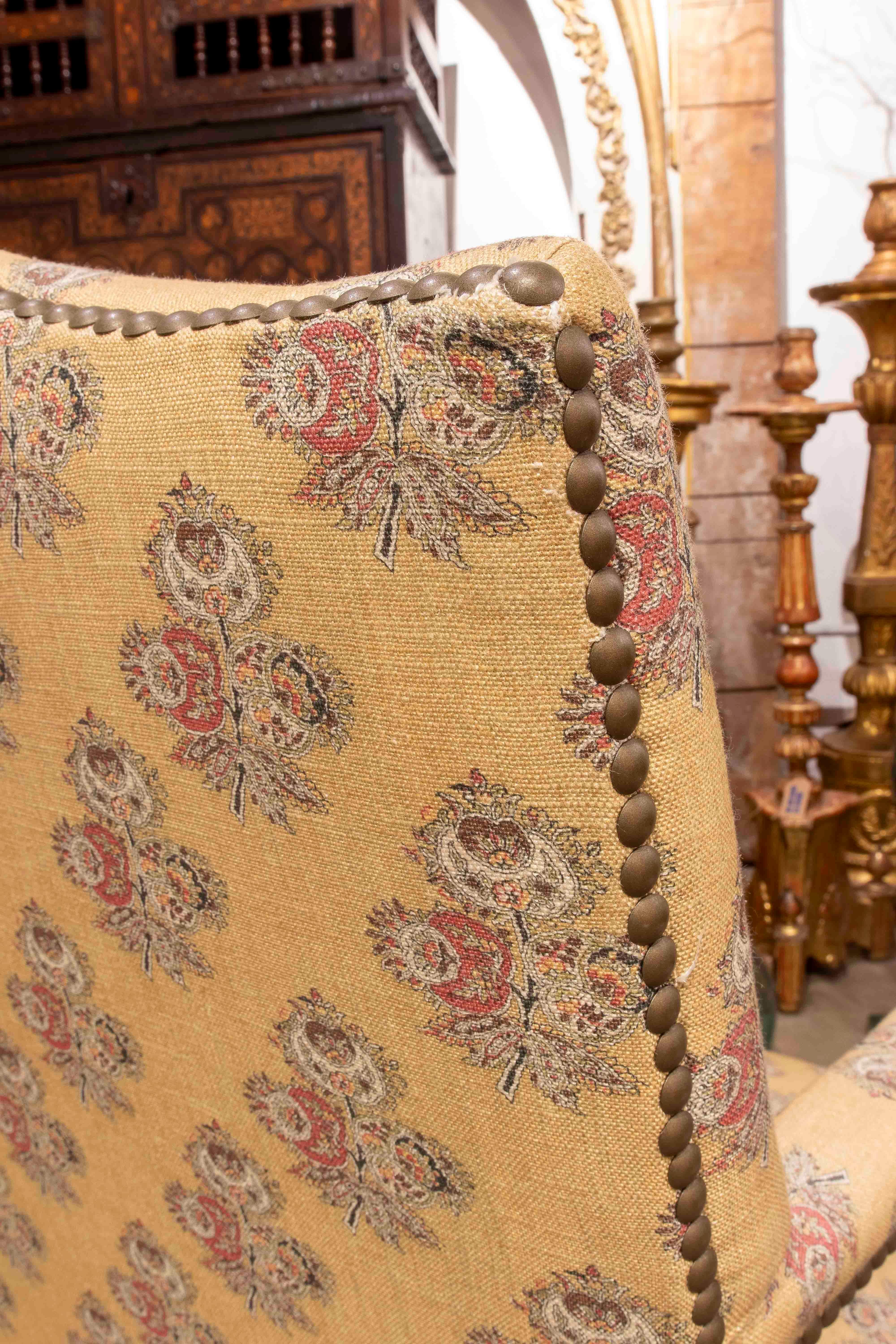 1980s Classic Wooden Armchair with Mustard Floral Upholstery and Studs For Sale 13