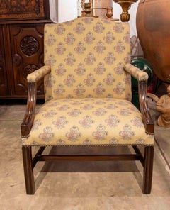 1980s Classic Wooden Armchair with Mustard Floral Upholstery and Studs