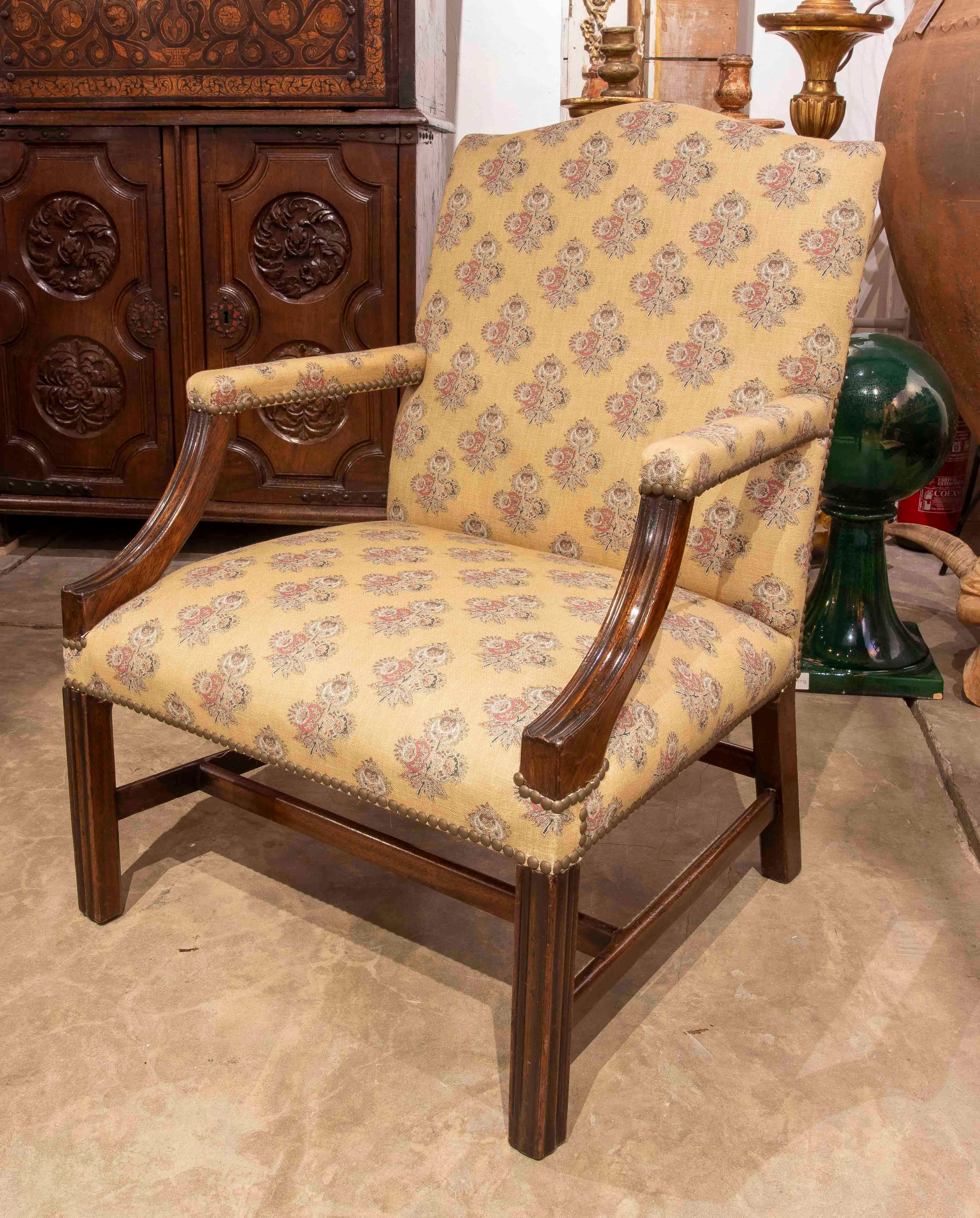 Spanish 1980s Classic Wooden Armchair with Mustard Floral Upholstery and Studs For Sale
