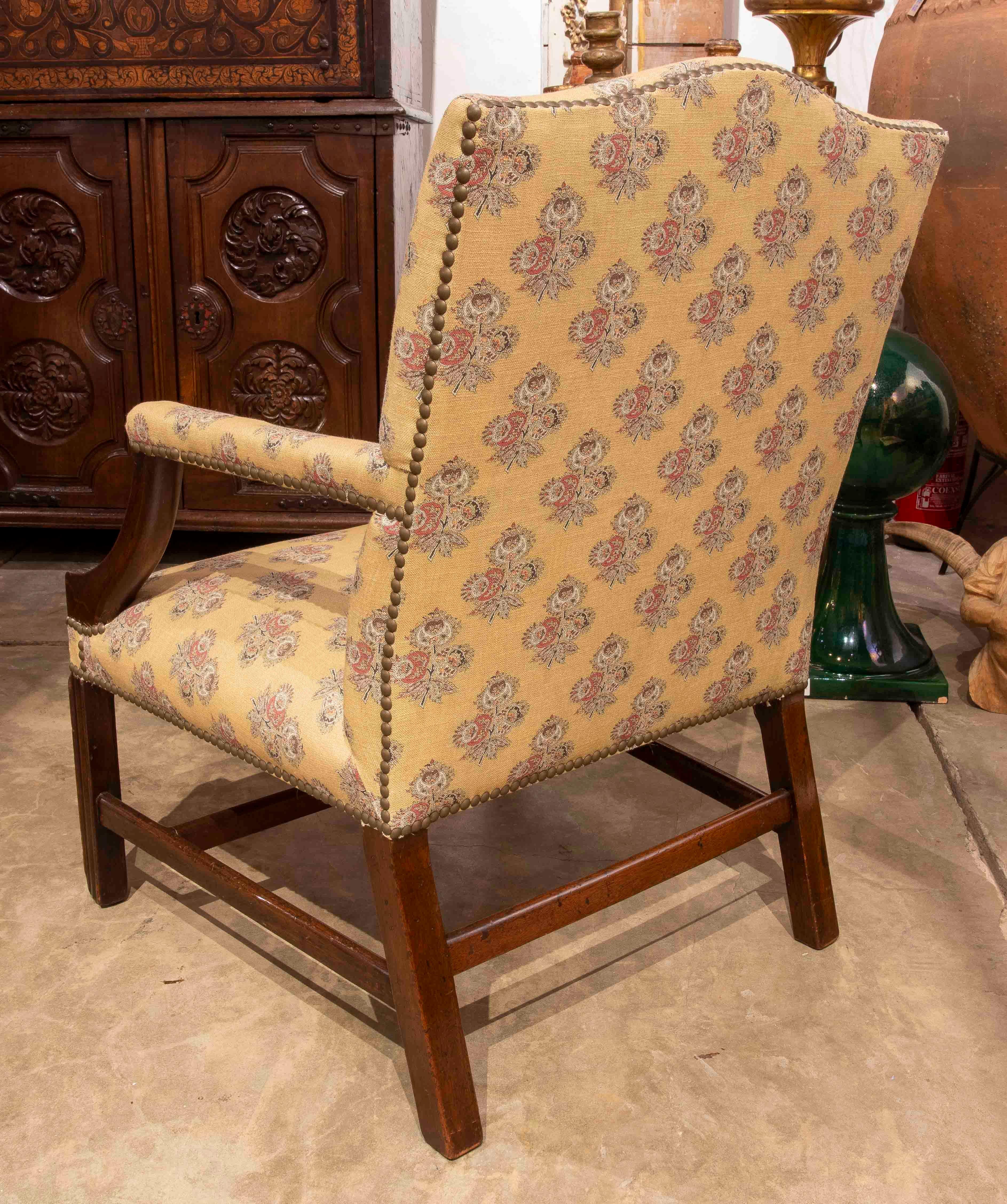 20th Century 1980s Classic Wooden Armchair with Mustard Floral Upholstery and Studs For Sale
