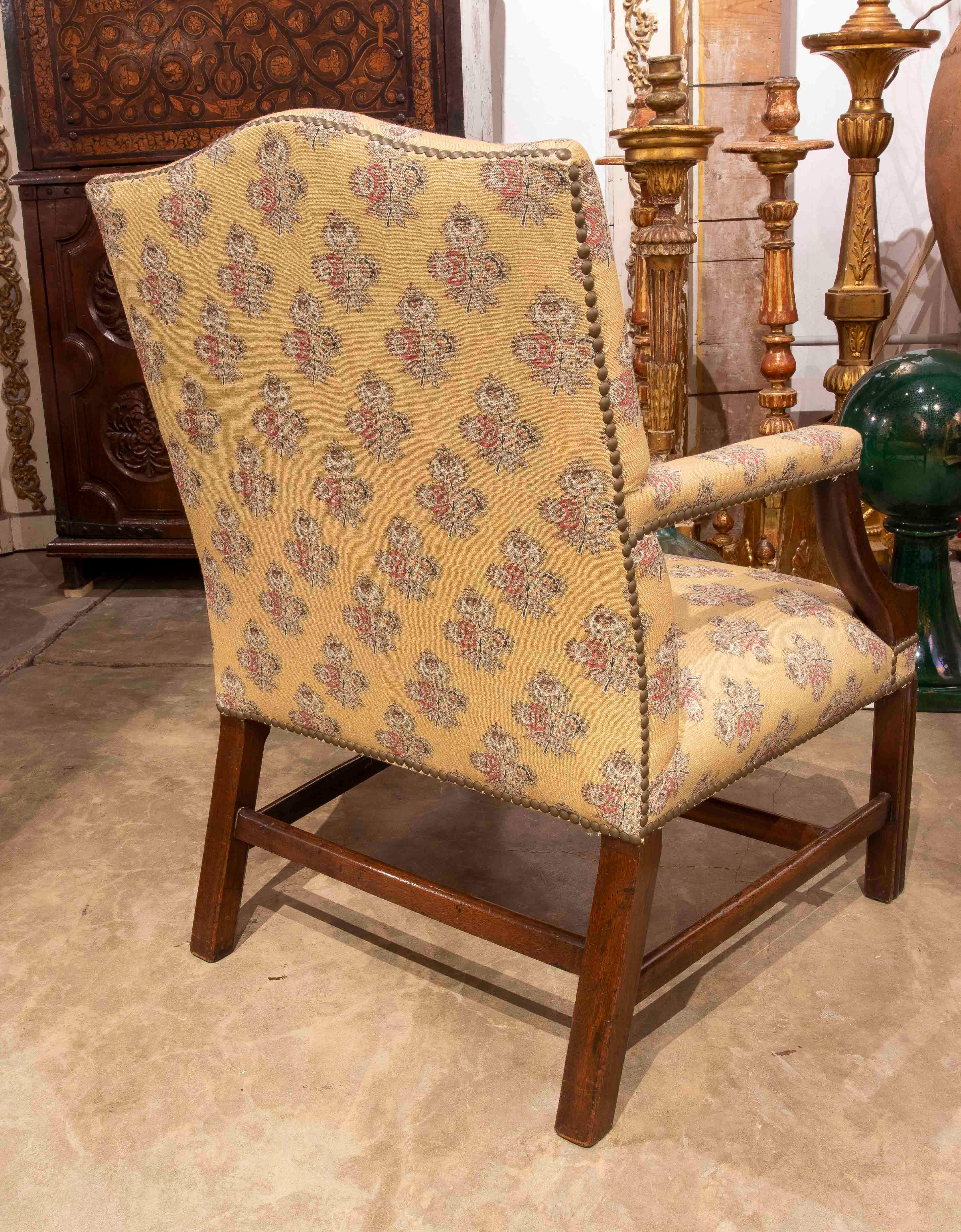 Fabric 1980s Classic Wooden Armchair with Mustard Floral Upholstery and Studs For Sale