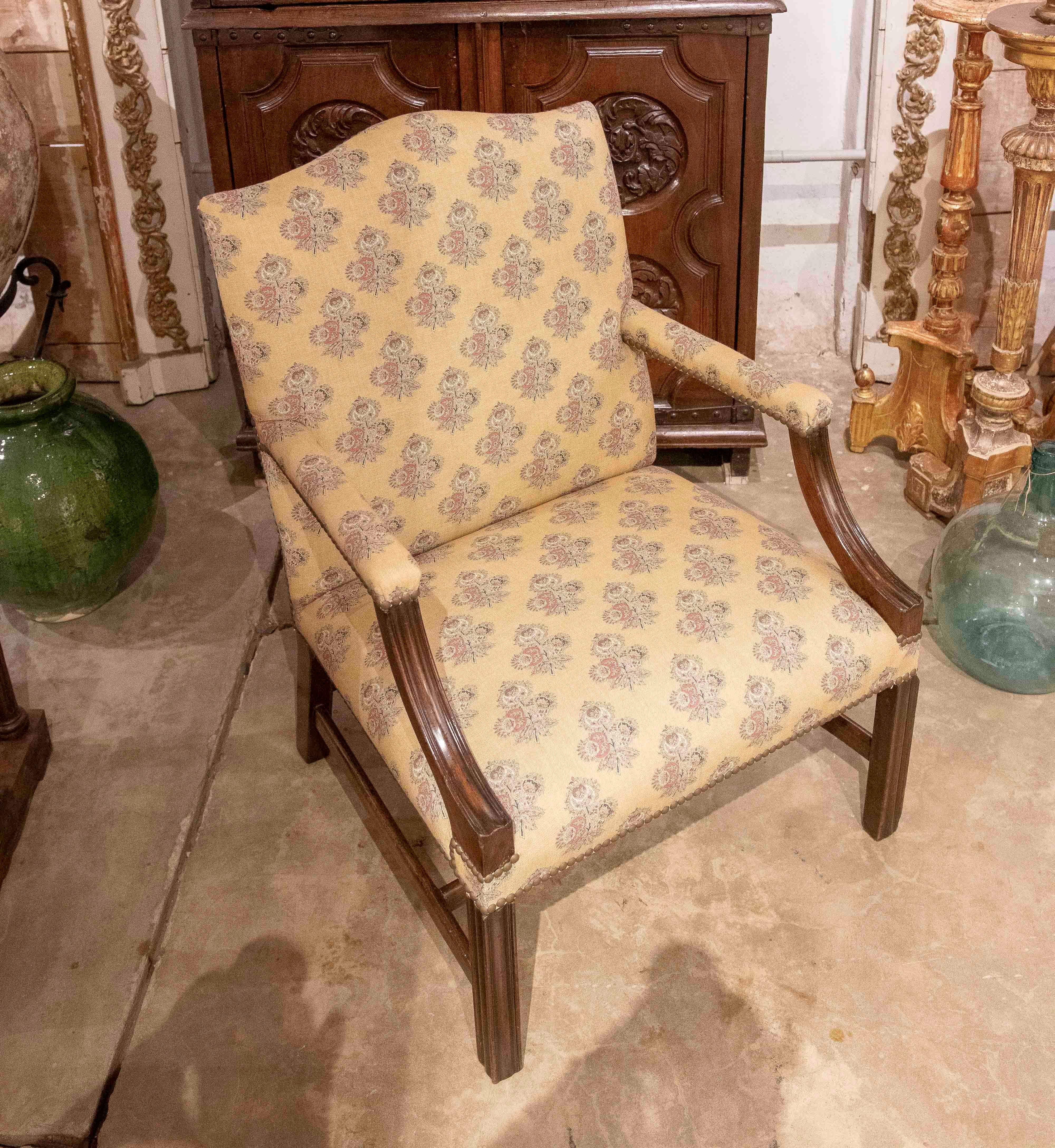 1980s Classic Wooden Armchair with Mustard Floral Upholstery and Studs For Sale 1