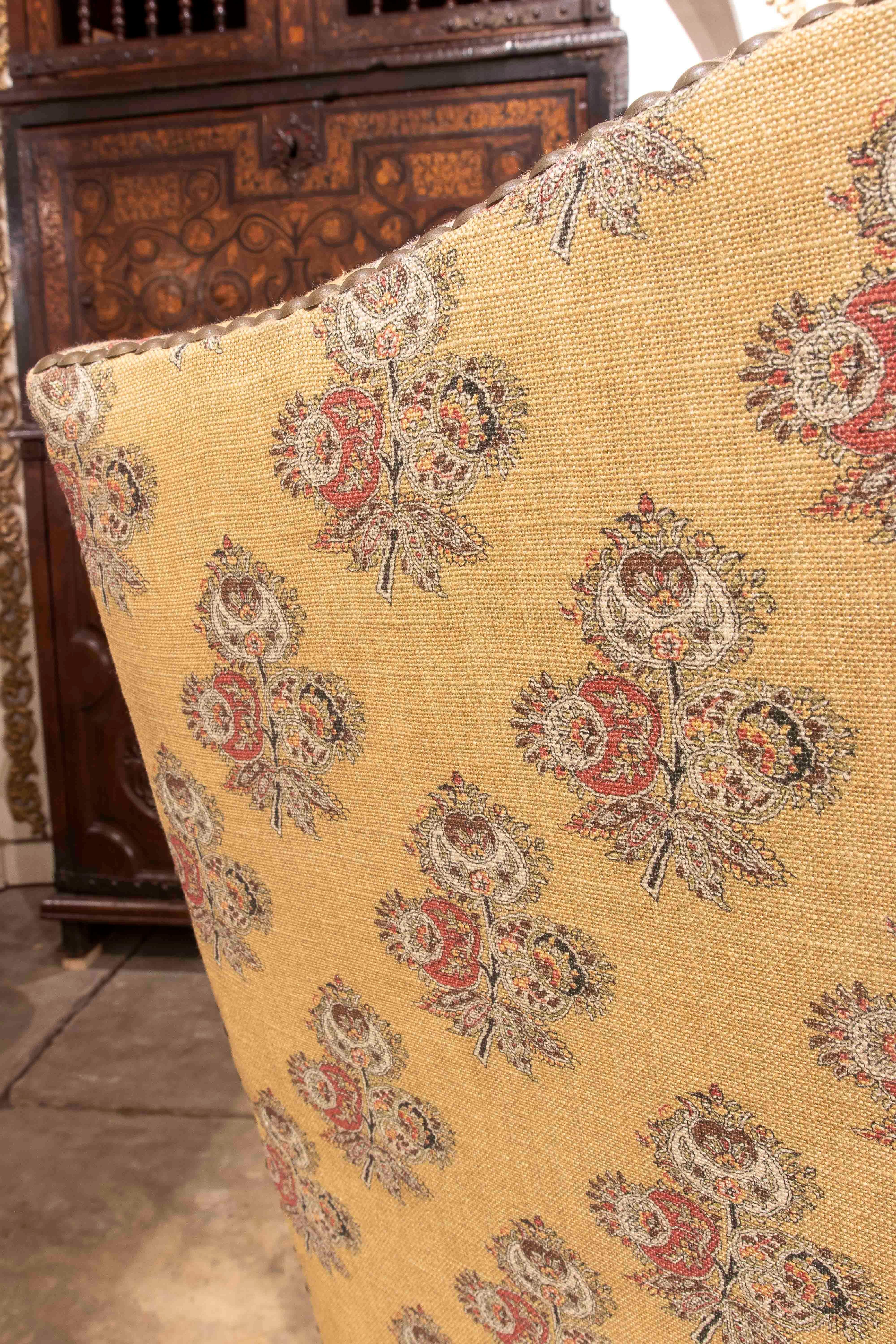 1980s Classic Wooden Armchair with Mustard Floral Upholstery and Studs For Sale 2