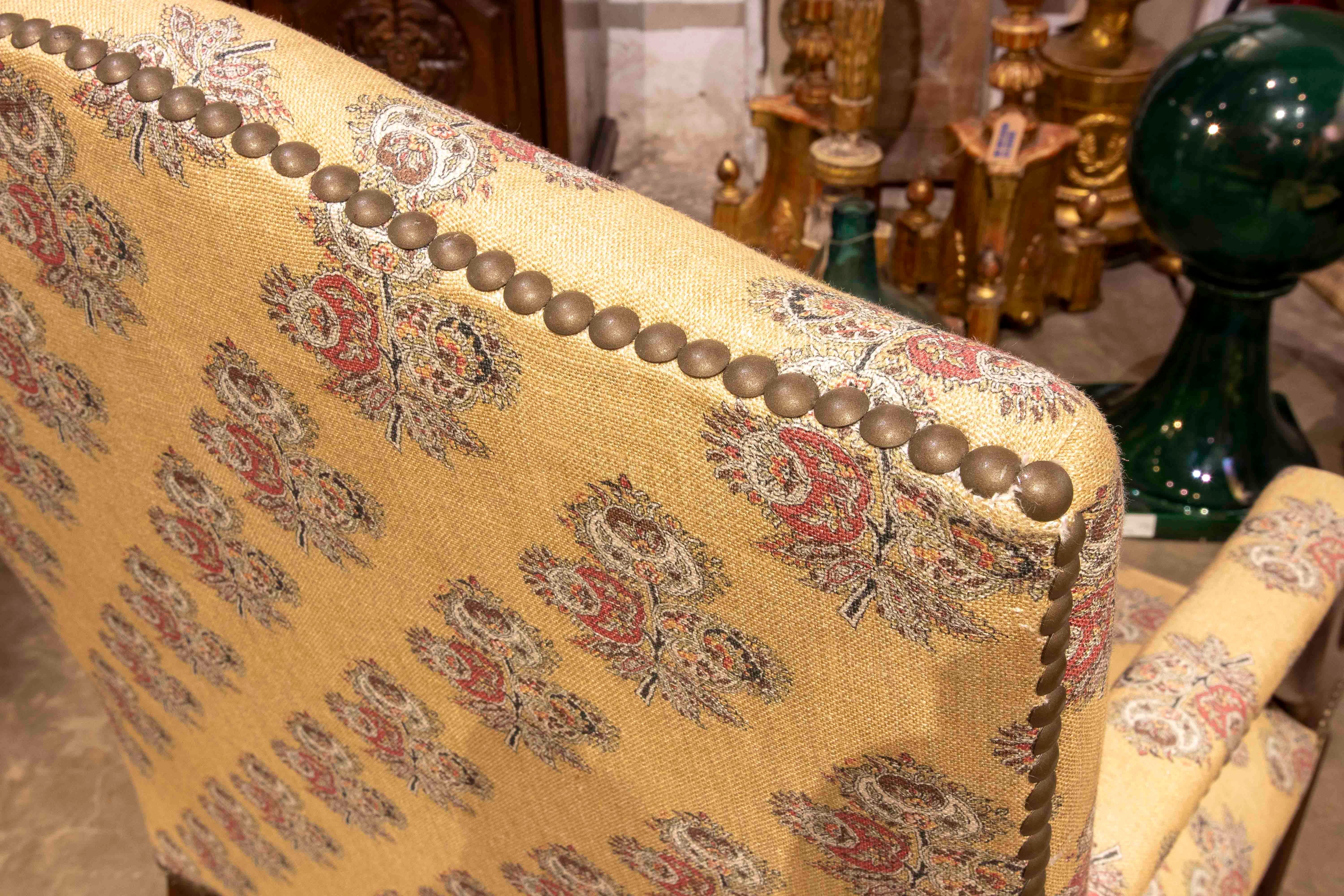 1980s Classic Wooden Armchair with Mustard Floral Upholstery and Studs For Sale 3