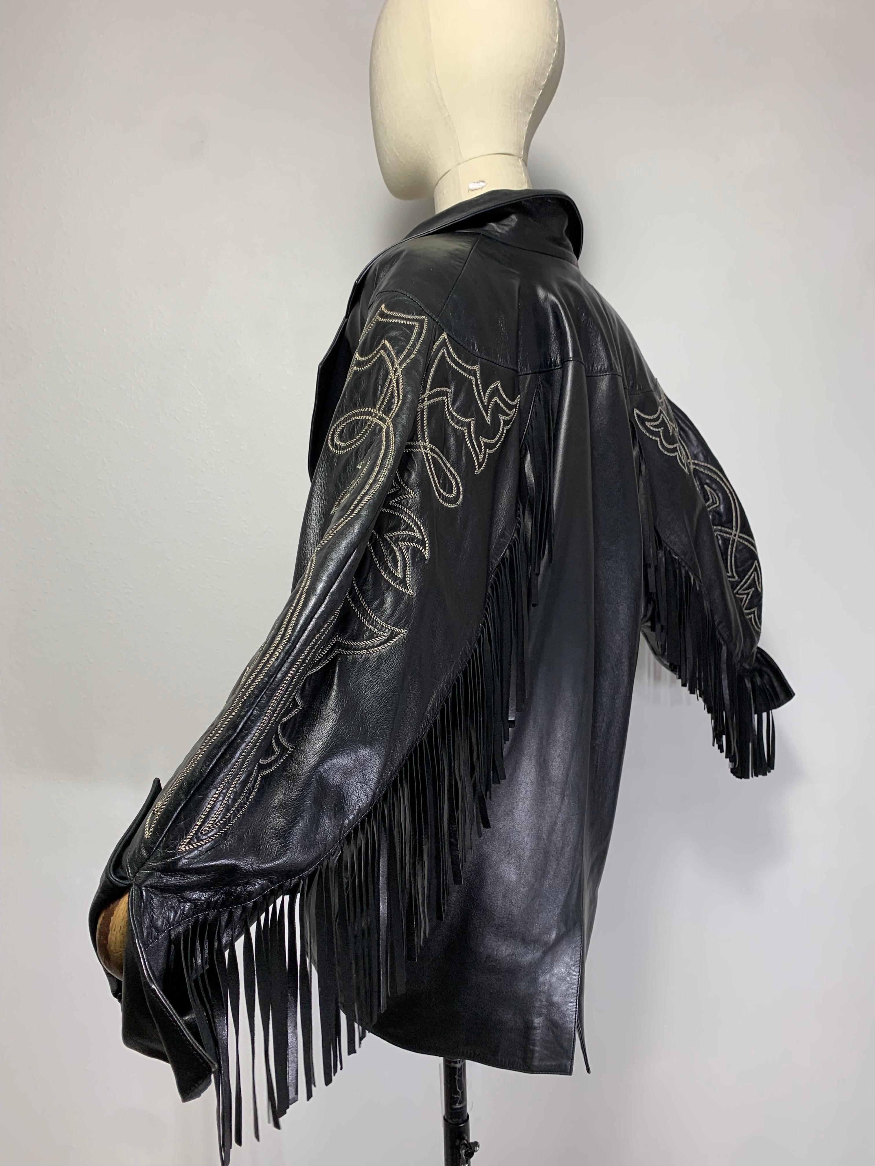 1980s Claude Montana Black Leather Fringed Dolman Jacket w Western Stitching   For Sale 6