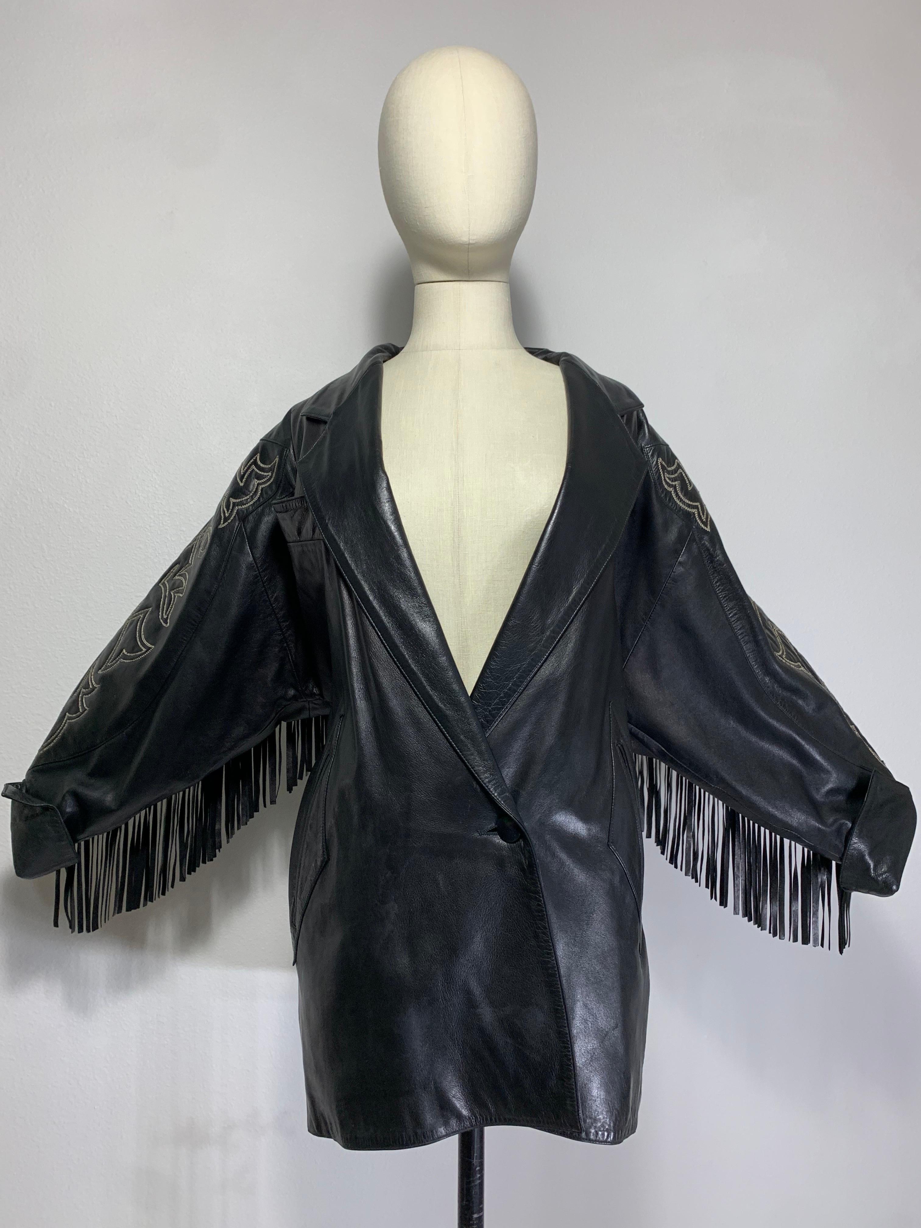 1980s Claude Montana Black Leather Fringed Dolman Jacket w Western Stitching   For Sale 7