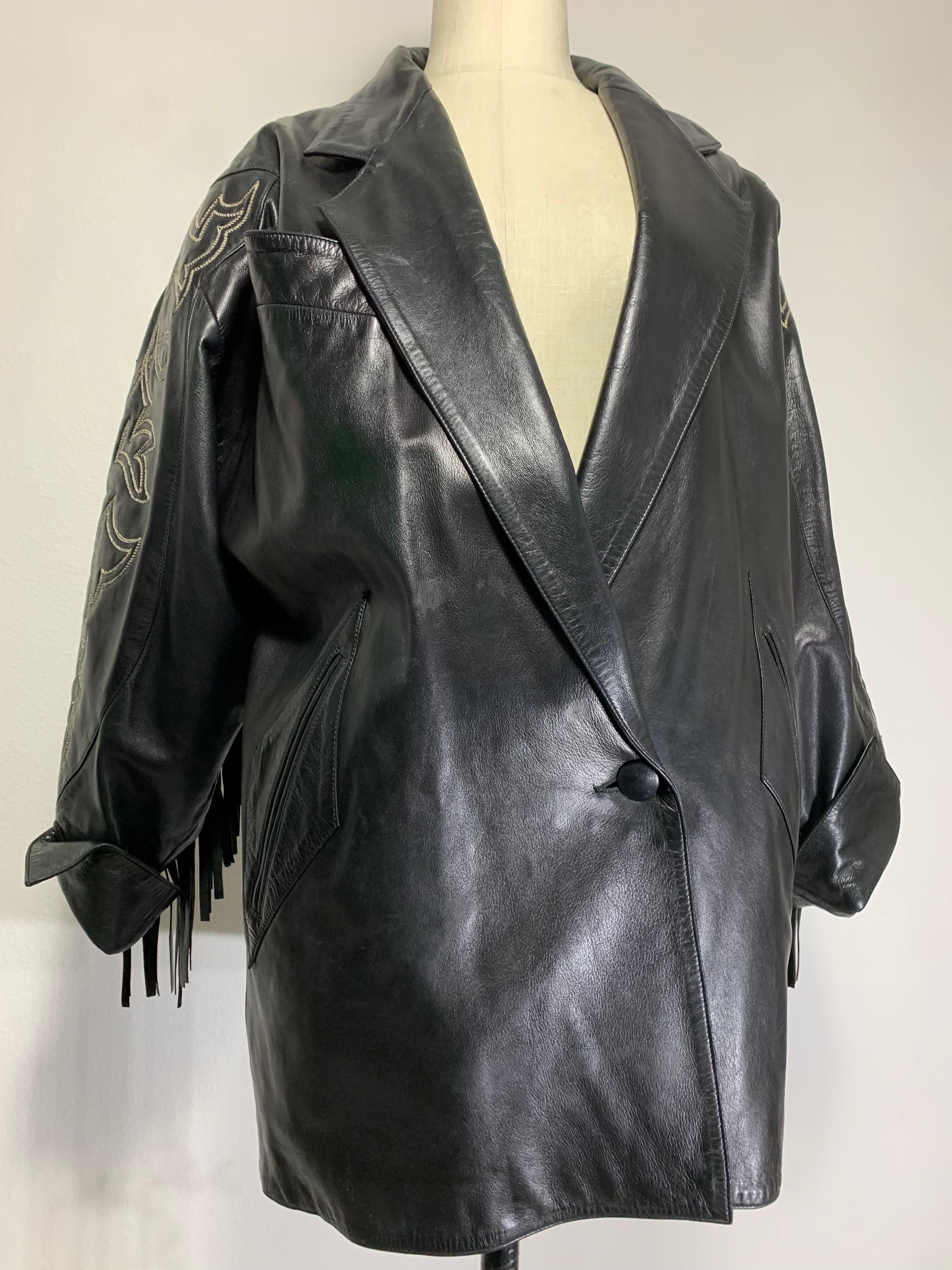 1980s Claude Montana Black Leather Fringed Dolman Jacket w Western Stitching   For Sale 8