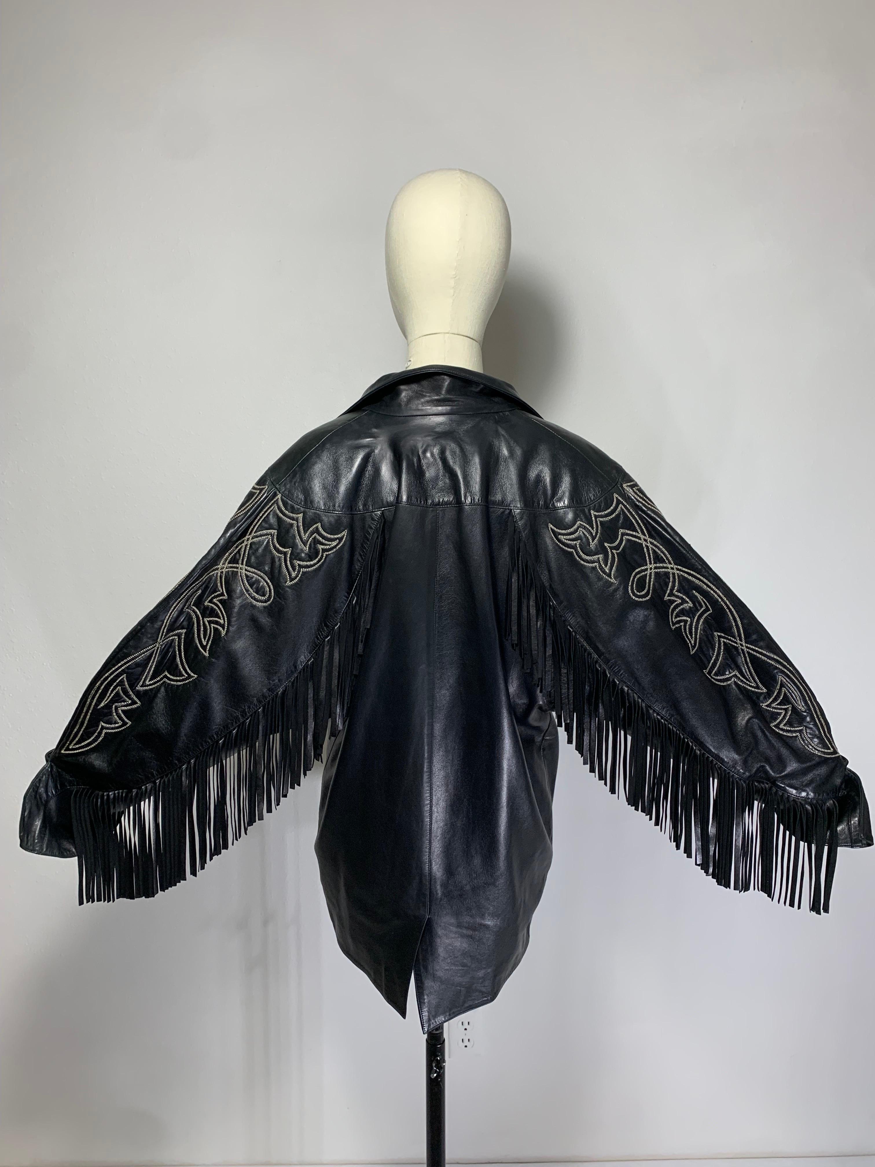 1980s Claude Montana Black Leather Fringed Dolman Jacket w Western Stitching   For Sale 10