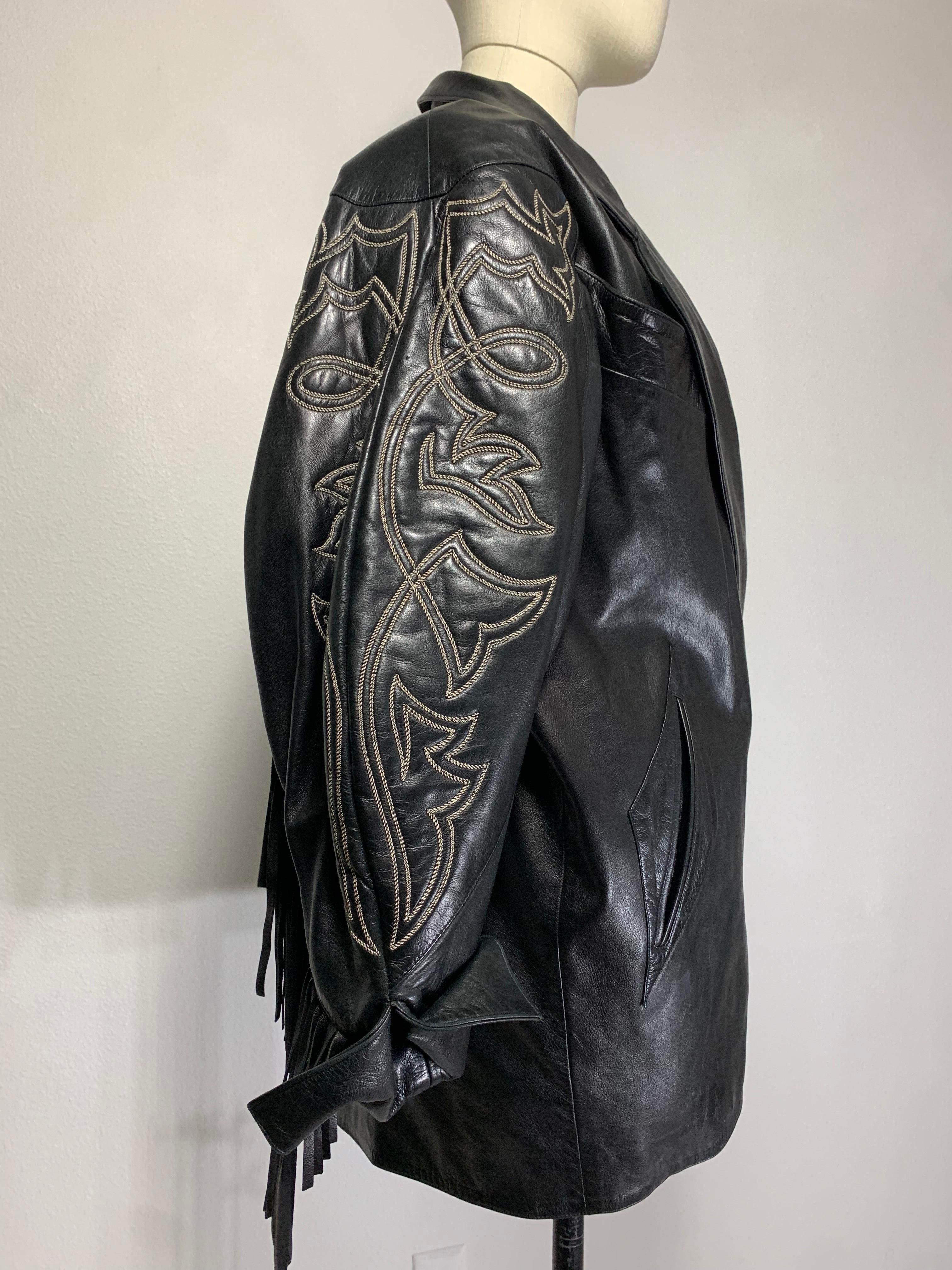 1980s Claude Montana Black Leather Fringed Dolman Jacket w Western Stitch by Stitch   en vente 11