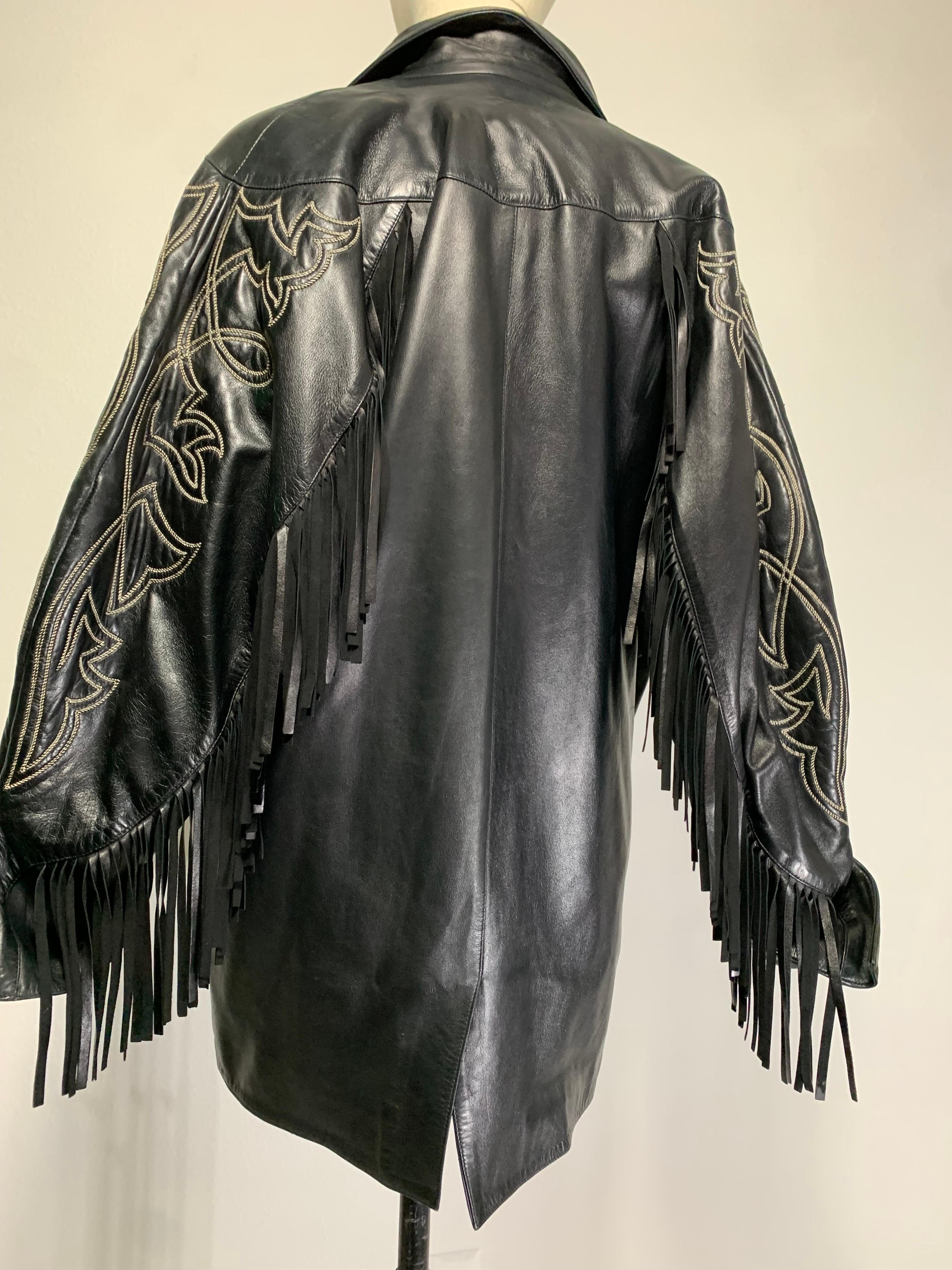 1980s Claude Montana Black Leather Fringed Dolman Jacket w Western Stitching   For Sale 12