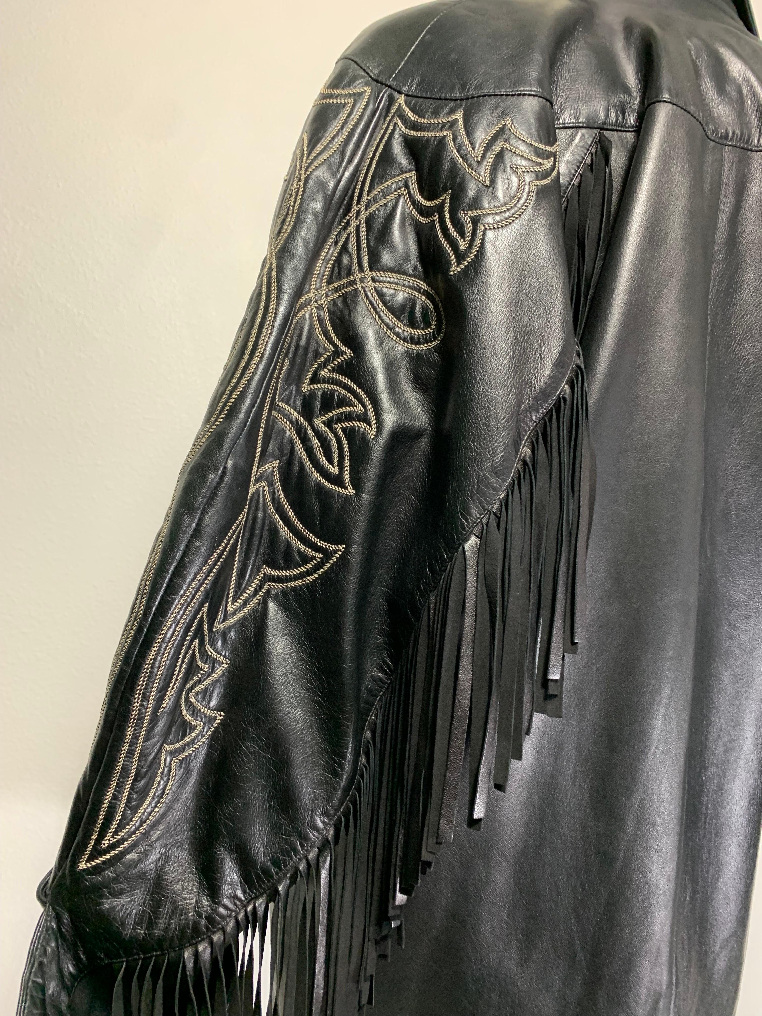 1980s Claude Montana Black Leather Fringed Dolman Jacket w Western Stitching   For Sale 13