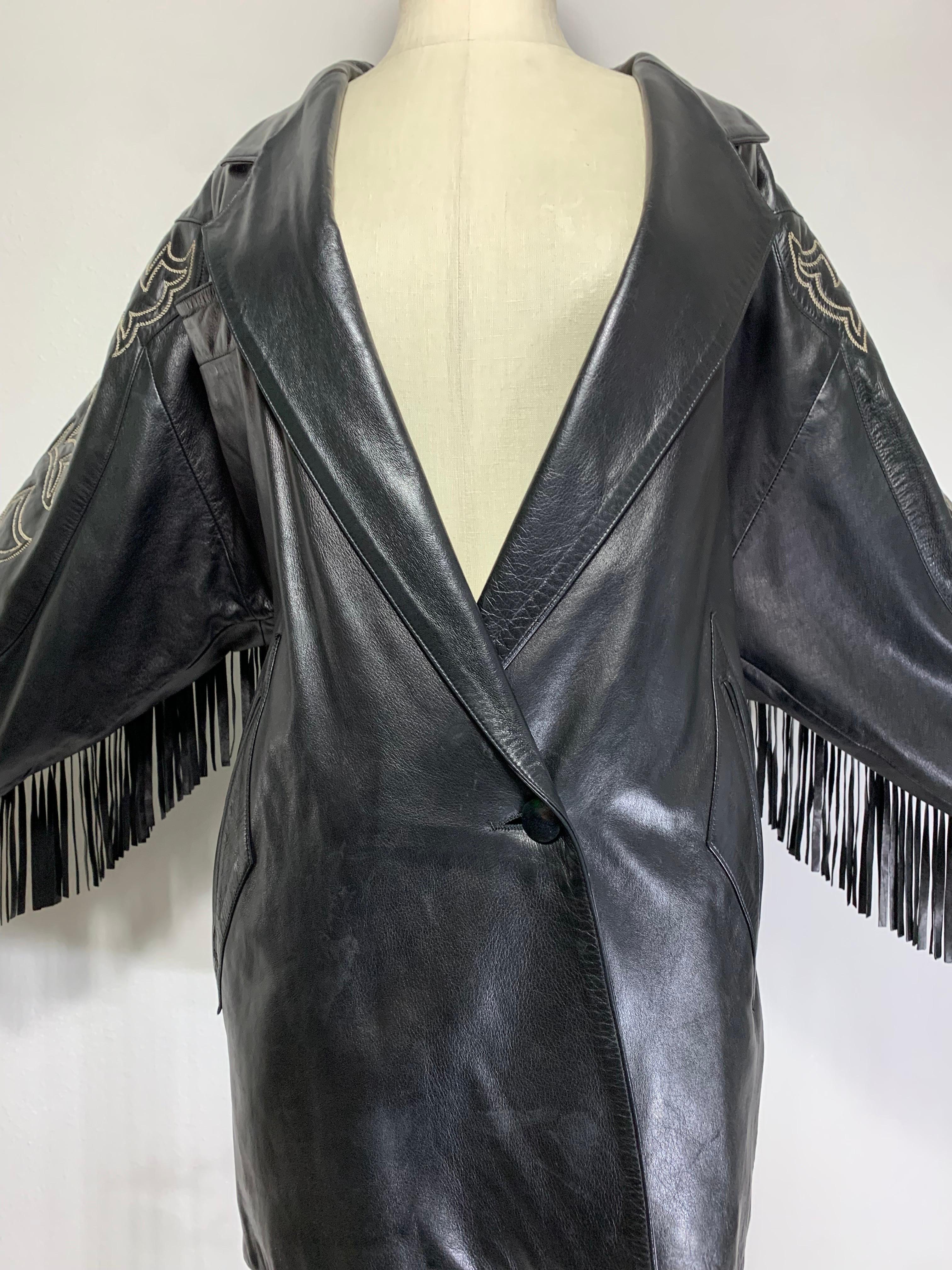 1980s Claude Montana Black Leather Fringed Dolman Jacket w Western Stitching 15